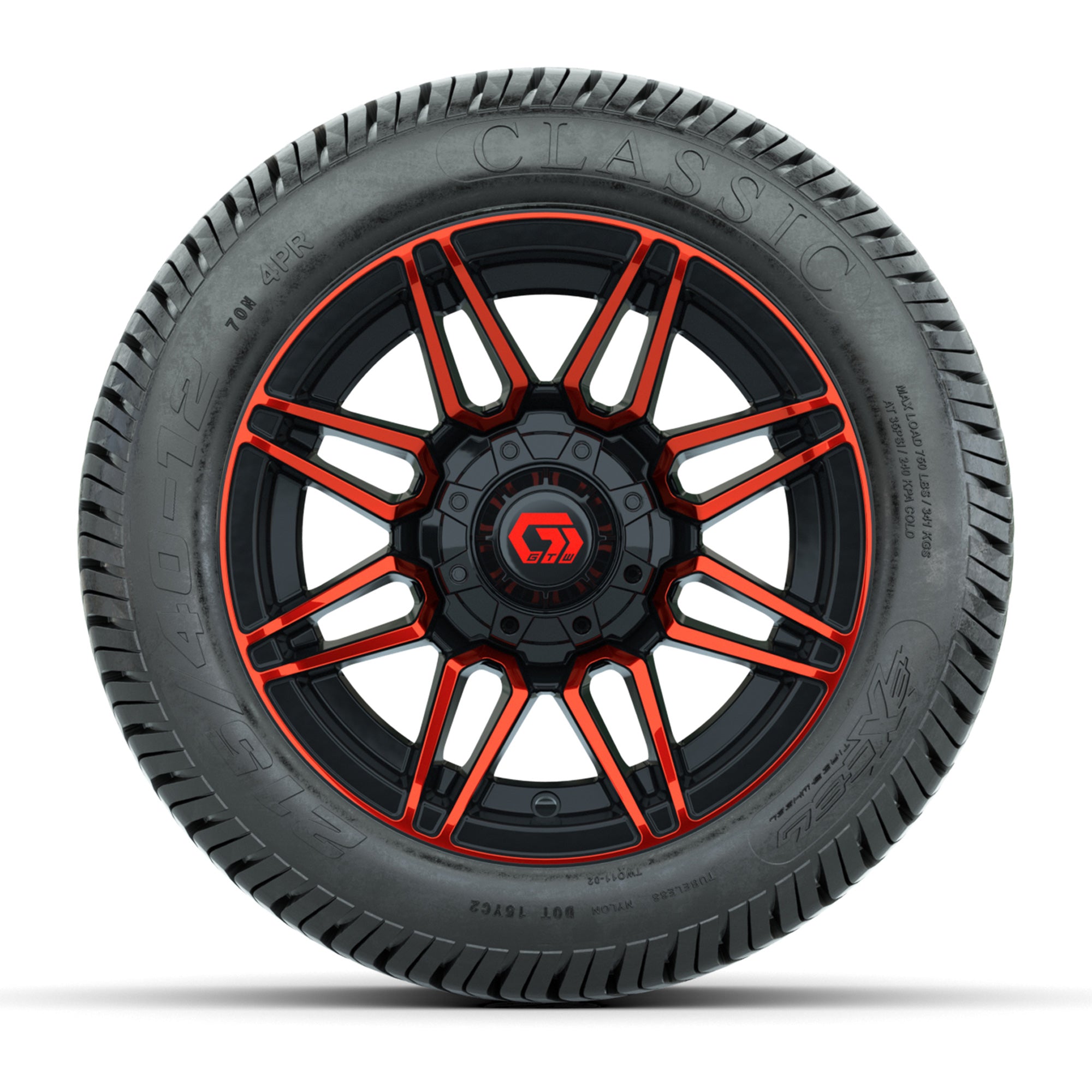 GTW® Stealth Red/Machined 12 in Wheels with 215/40-12 Excel Classic Street Tires – Full Set