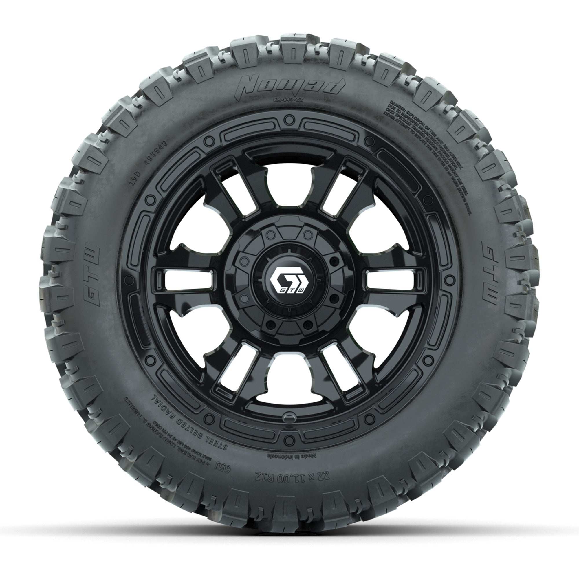 GTW® Shogun Gloss Black 12 in Wheels with 22X11-R12 Nomad Steel Belt Radial All-Terrain Tires – Full Set