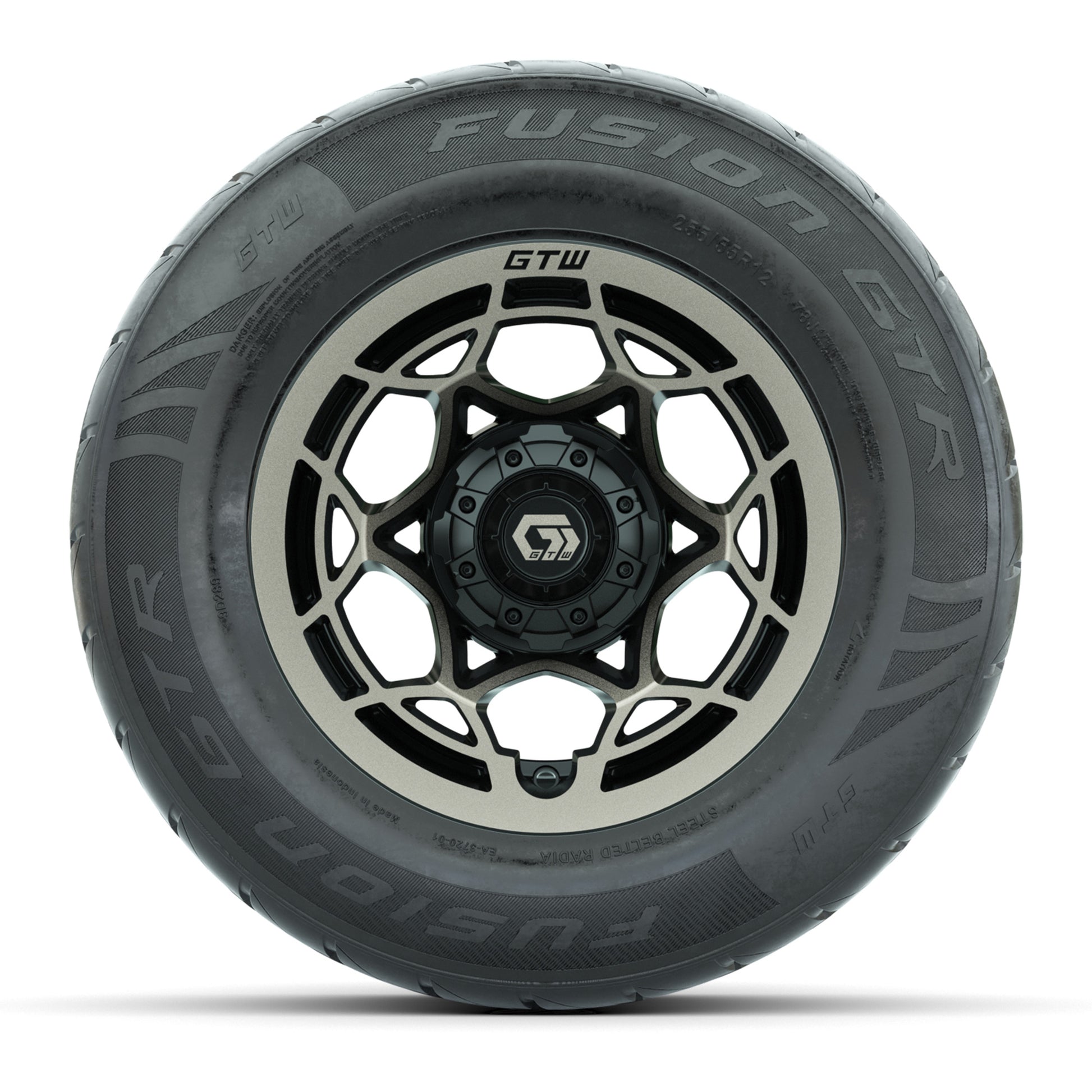 GTW® Nexus Black with Bronze Face 12 in Wheels with 255/55-R12 Fusion GTR Steel Belt Radial Street Tires – Full Set
