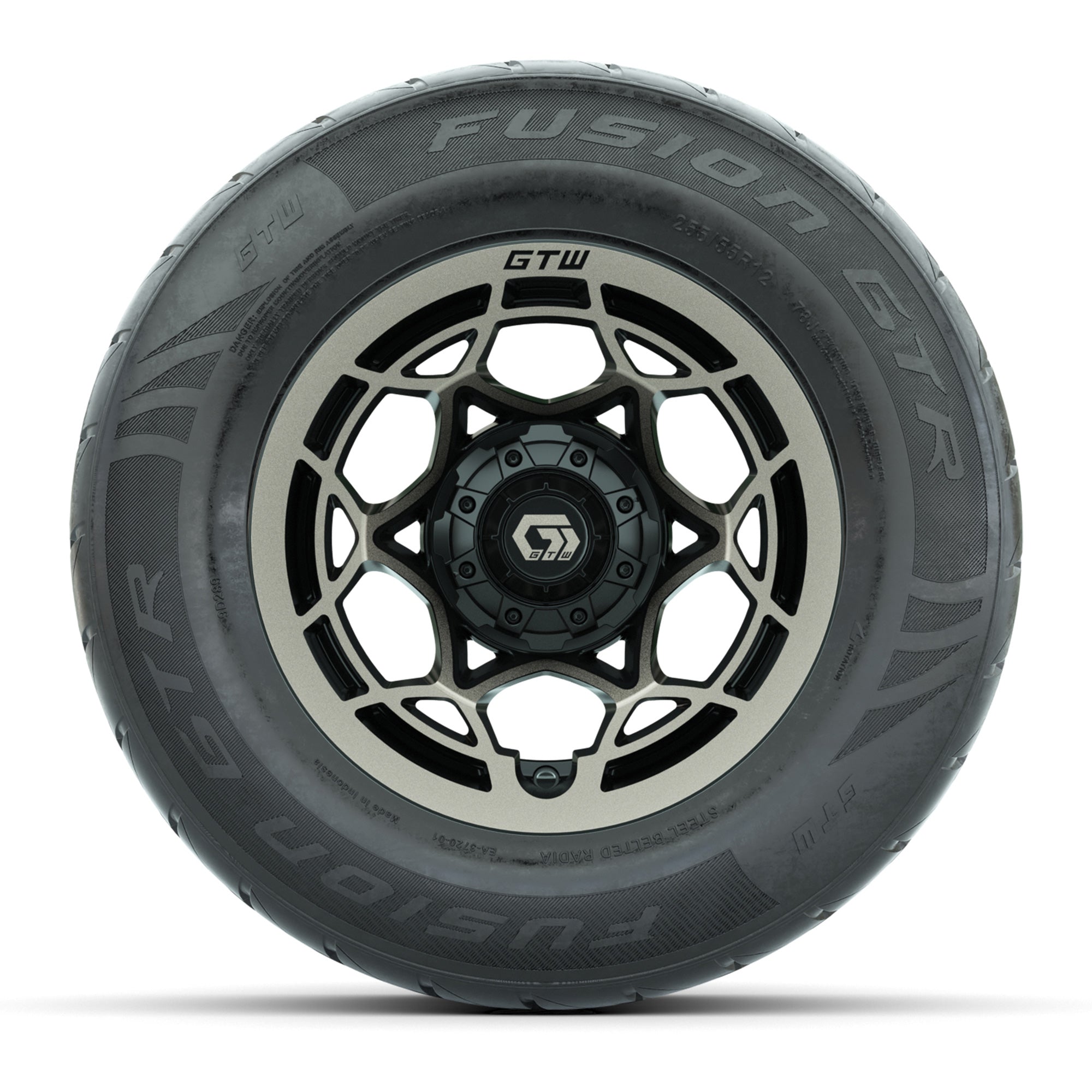GTW® Nexus Black with Bronze Face 12 in Wheels with 255/55-R12 Fusion GTR Steel Belt Radial Street Tires – Full Set