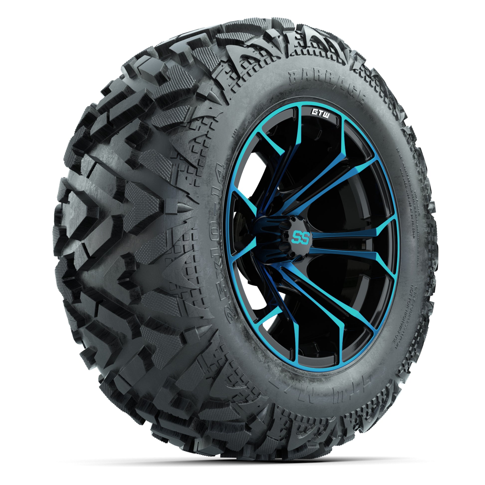 GTW Spyder Black/Blue 14 in Wheels with 25x10-14 Barrage Mud Tires – Full Set