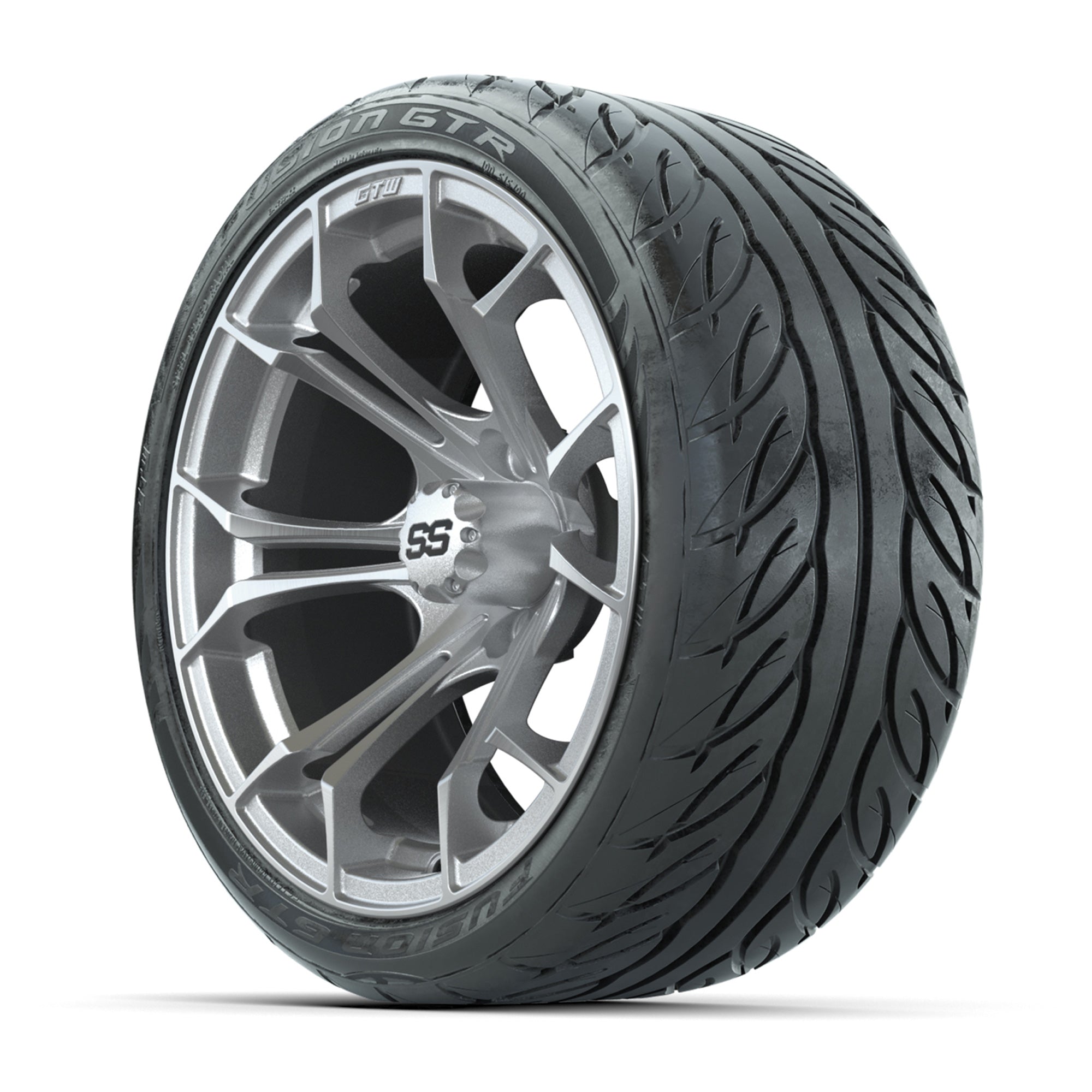GTW Spyder Silver Brush 15 in Wheels with 215/40-R15 Fusion  - 3/4 view