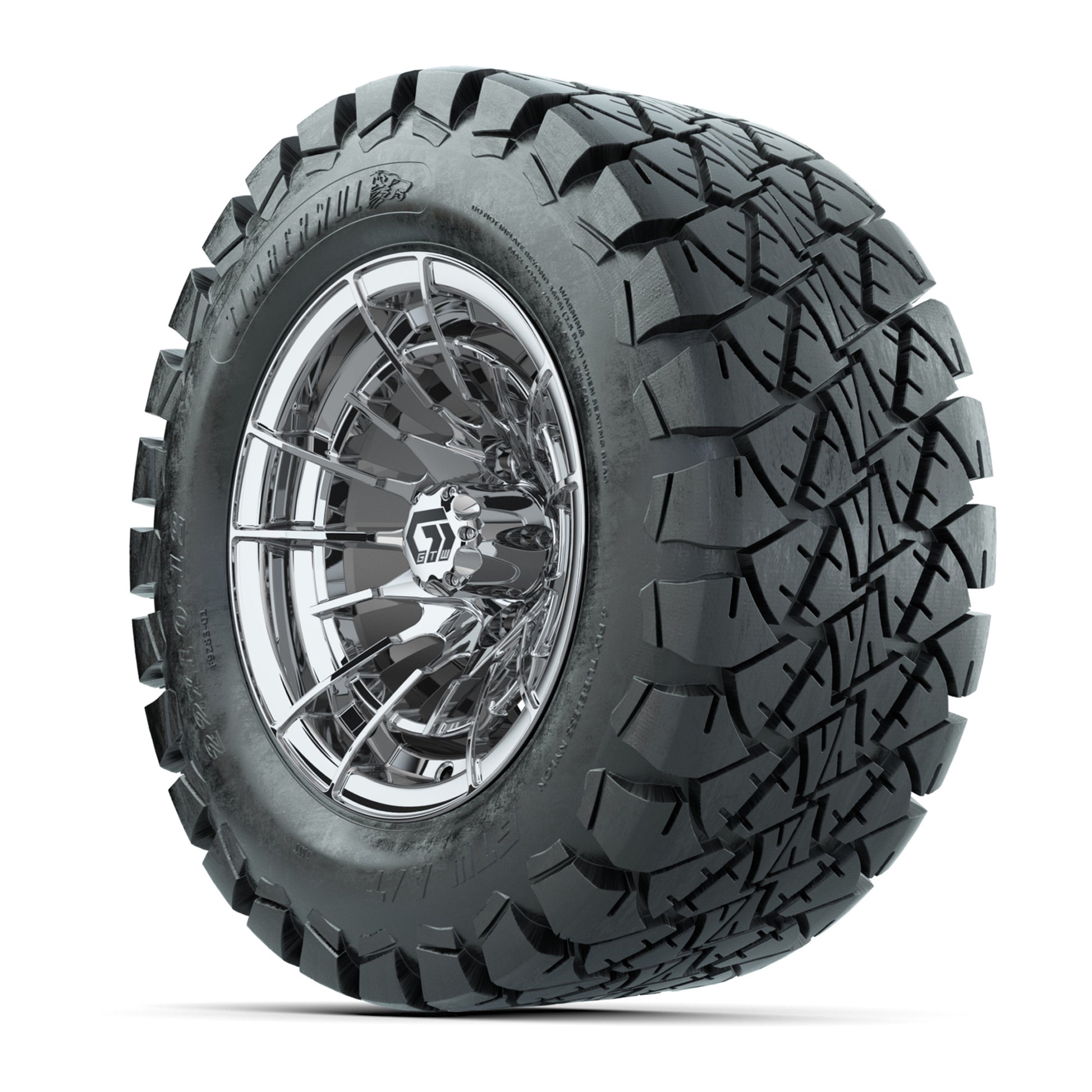 GTW® Boost Chrome 12 in Wheels with 22x10-12 Timberwolf All-Terrain Tires – Full Set