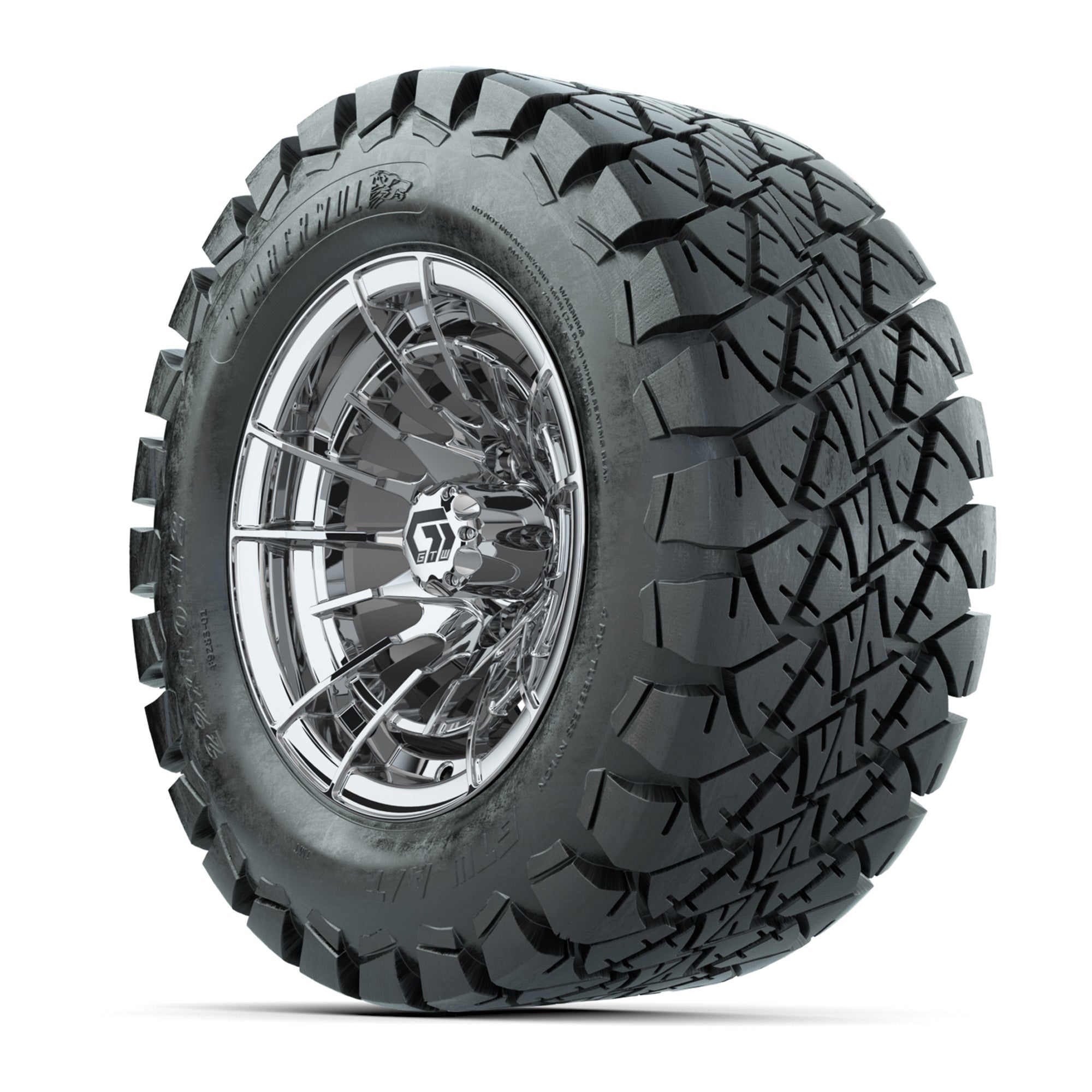 GTW® Boost Chrome 12 in Wheels with 22x10-12 Timberwolf All-Terrain Tires – Full Set
