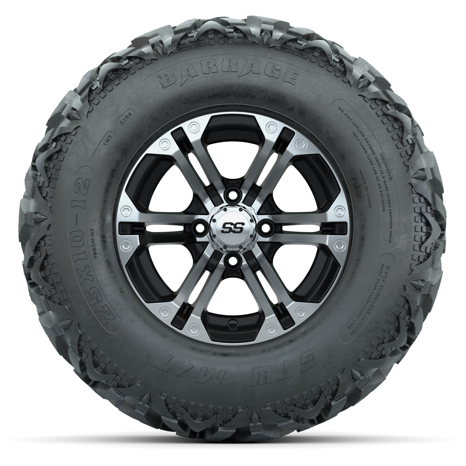 GTW® Specter Black/Machined 12 in Wheels with 25X10-12 Barrage Mud Tires – Full Set