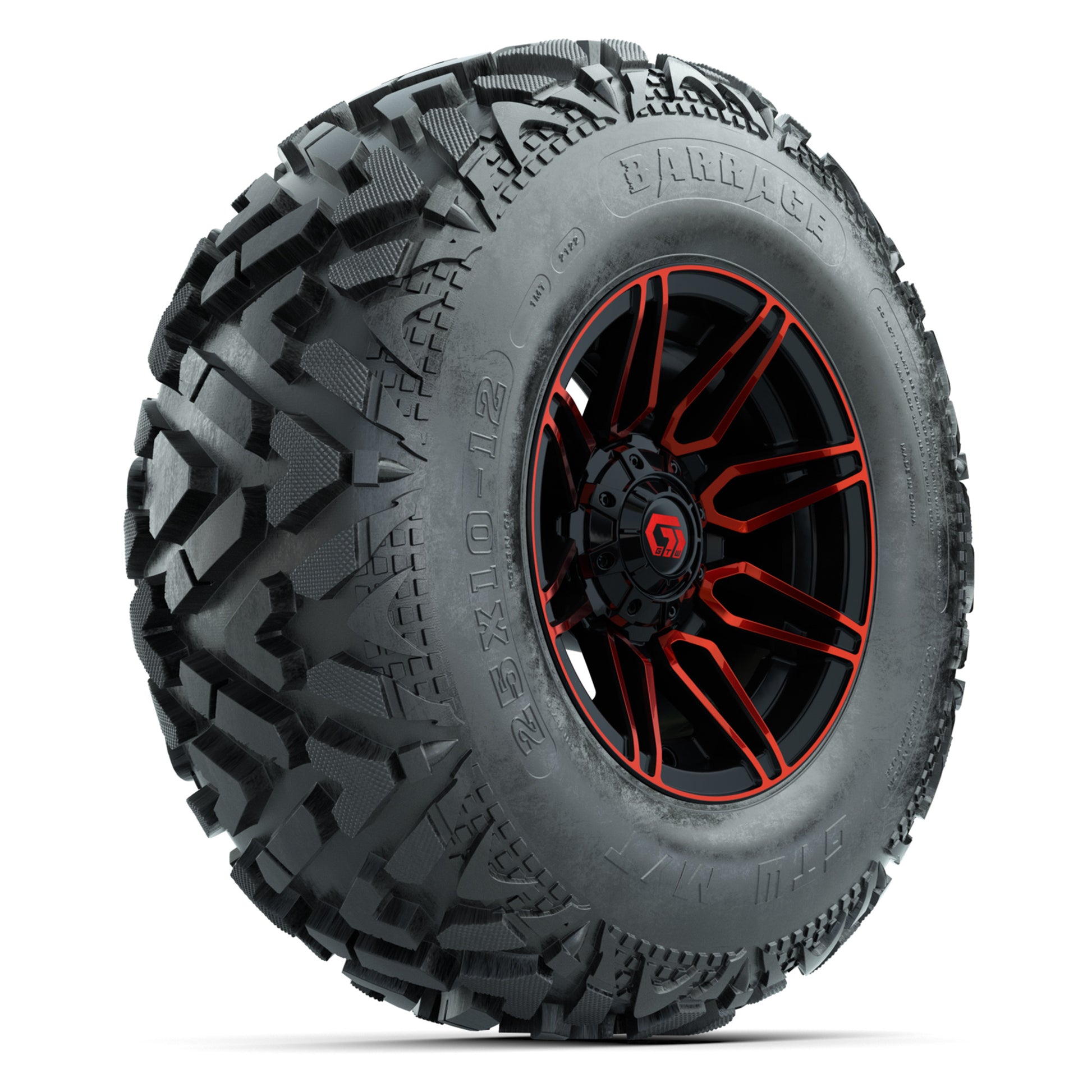 GTW® Stealth Red/Machined 12 in Wheels with 25X10-12 Barrage Mud Tires – Full Set