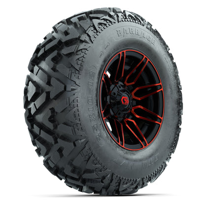 GTW® Stealth Red/Machined 12 in Wheels with 25X10-12 Barrage Mud Tires – Full Set