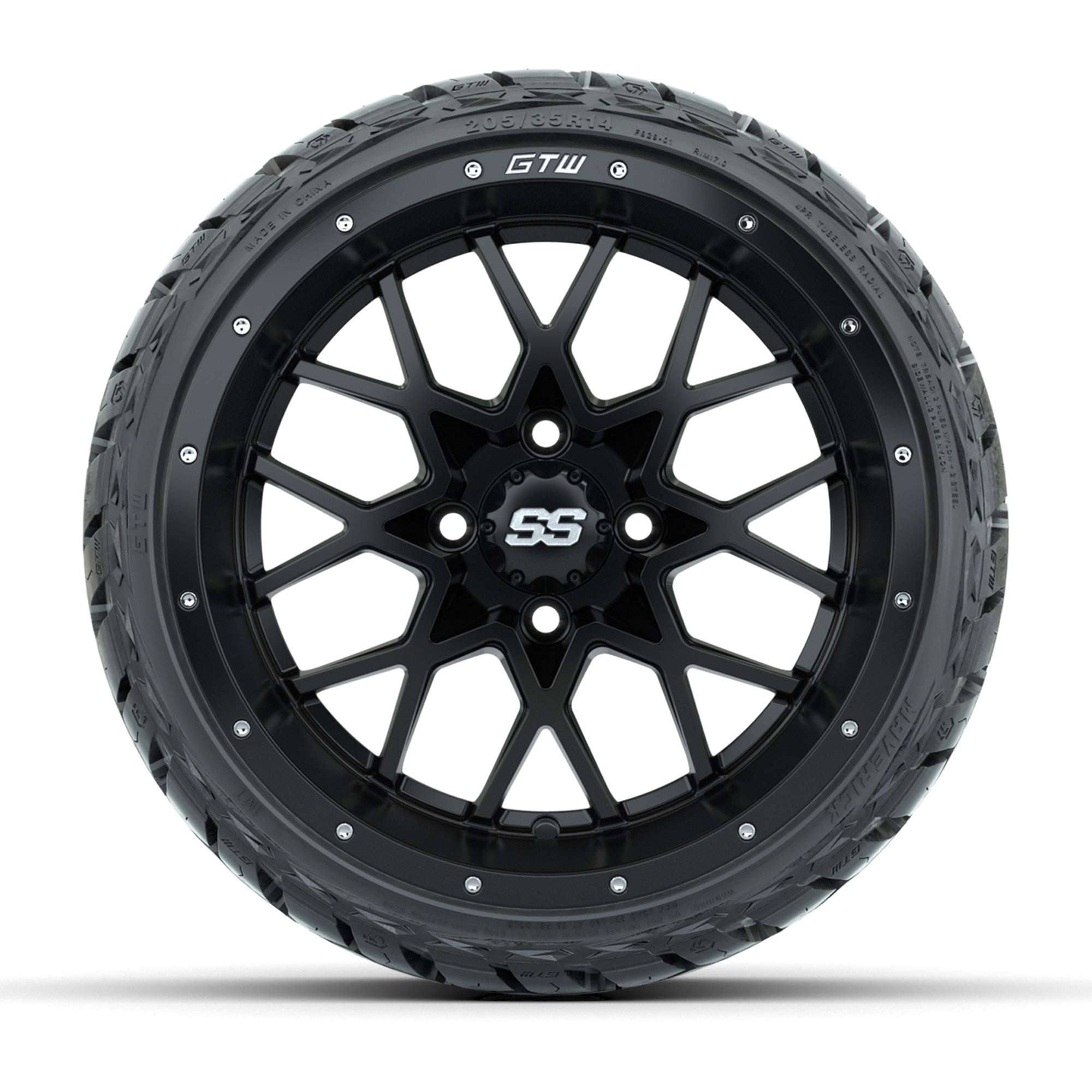 GTW Vortex Matte Black 14 in Wheels with 205/35-R14 Maverick - 3/4 view