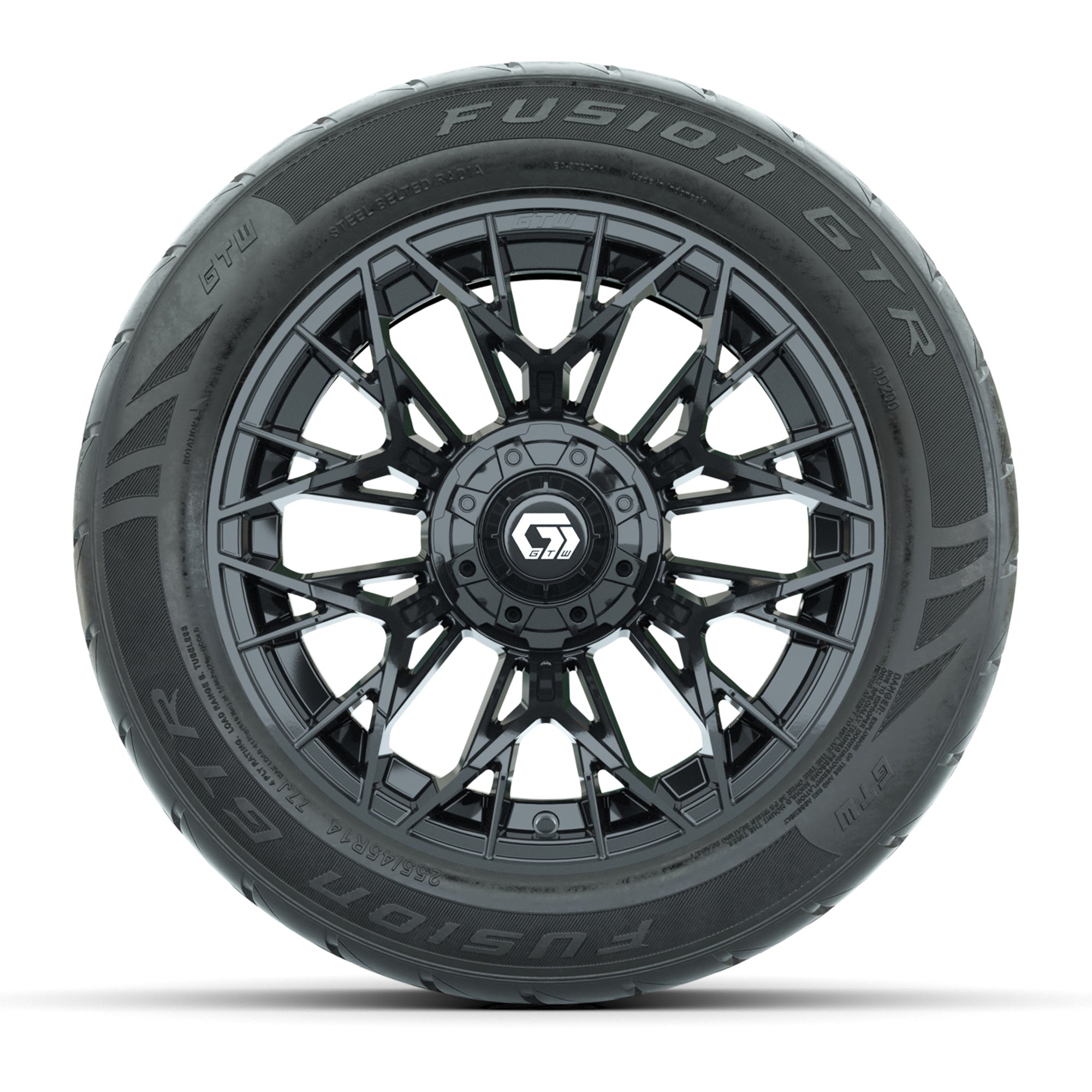 GTW® Stellar Black 14 in Wheels with 255/45-R14 Fusion GTR S - 3/4 view