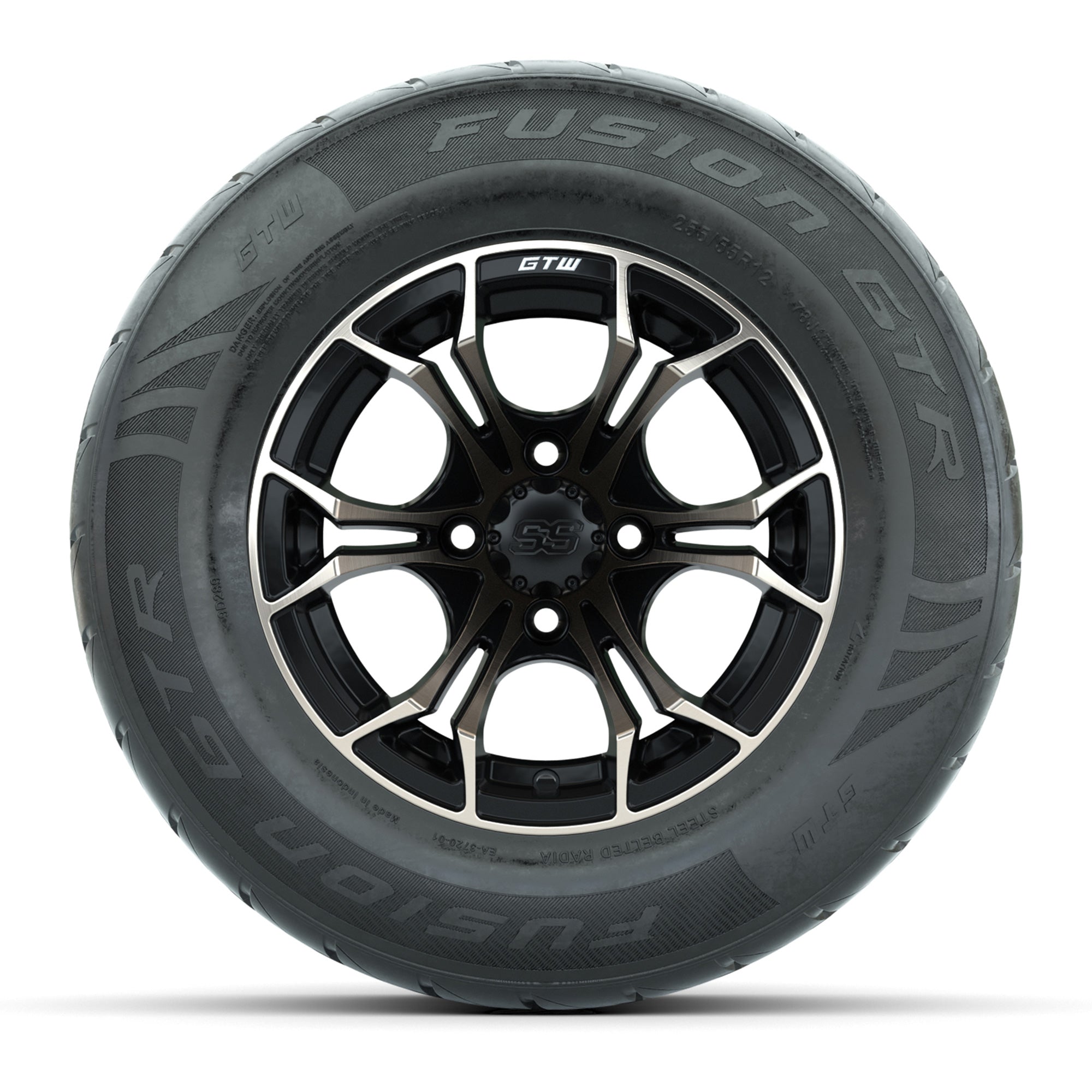 GTW® Spyder Matte Black/Bronze 12 in Wheels with 255/55-R12 Fusion GTR Steel Belt Radial Street Tires – Full Set
