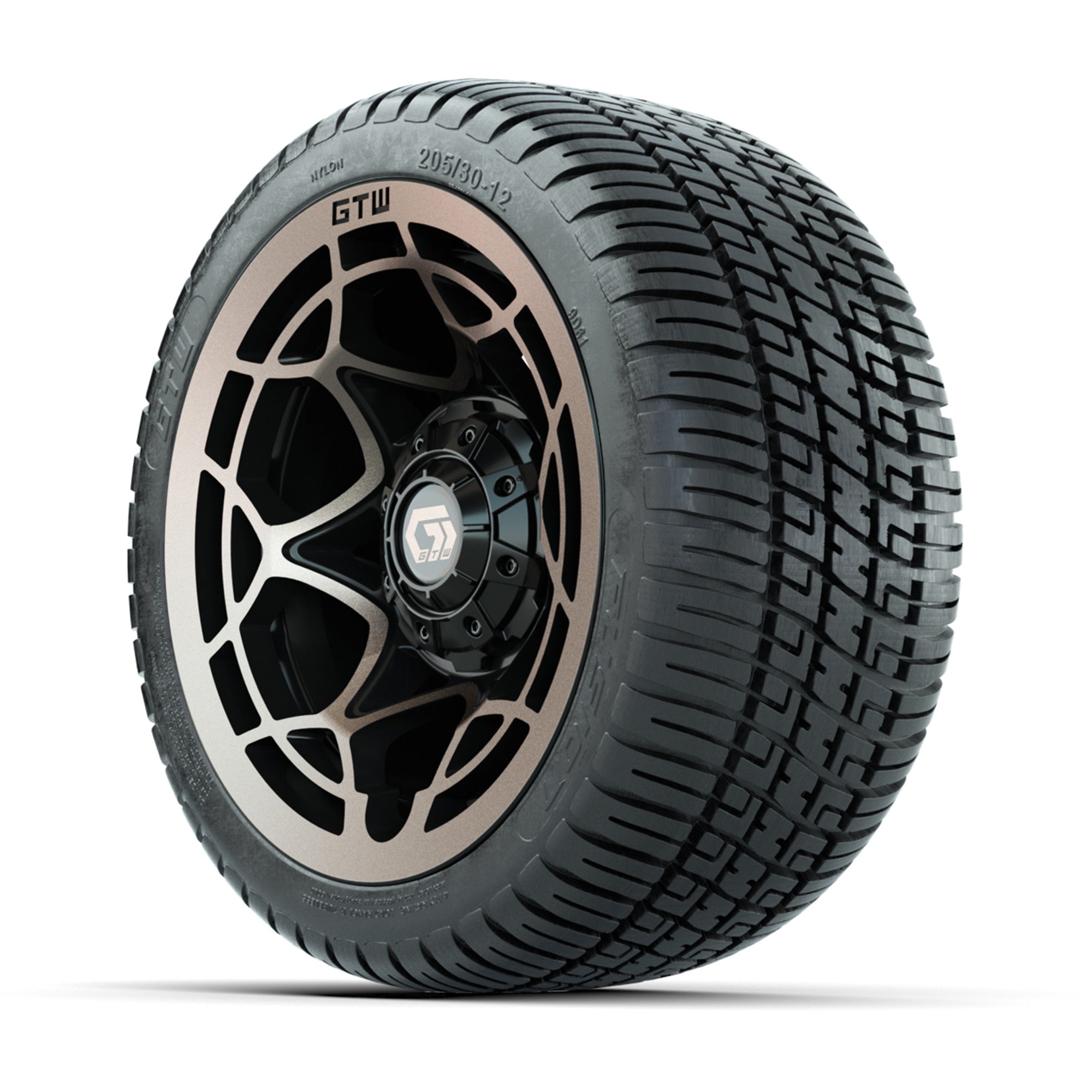 GTW® Nexus Black with Bronze Face 12 in Wheels with 205/30-12 Fusion Street Tires – Full Set