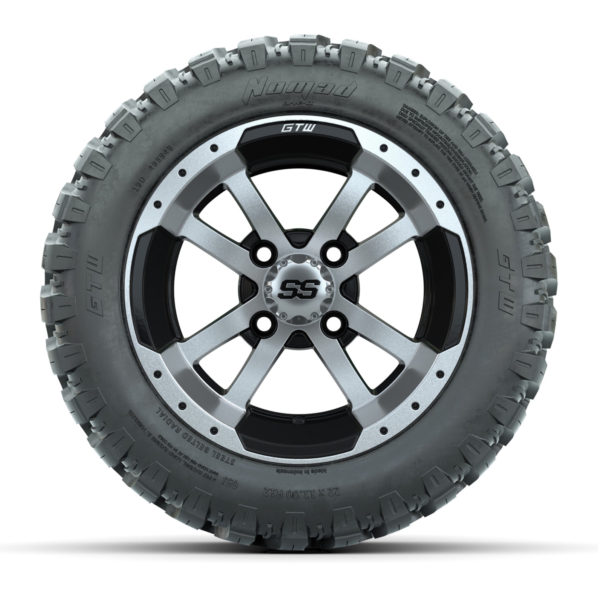 GTW® Storm Trooper Black/Machined 12 in Wheels with 22X11-R12 Nomad Steel Belt Radial All-Terrain Tires – Full Set