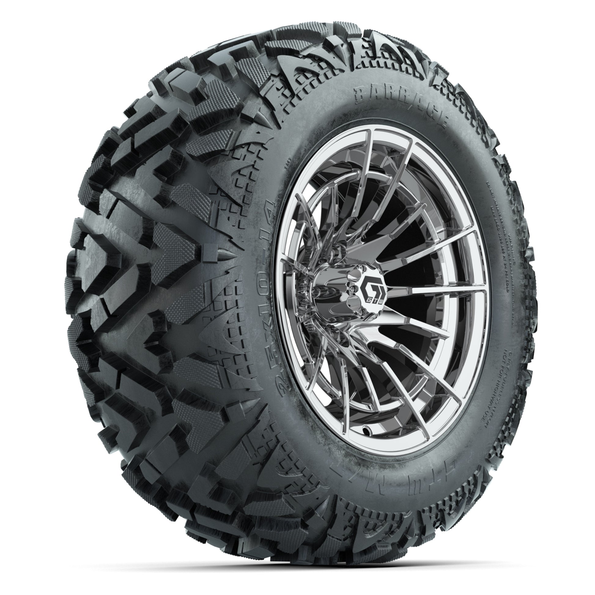 GTW Boost Chrome 14 in Wheels with 25x10-14 Barrage Mud Tires – Full Set