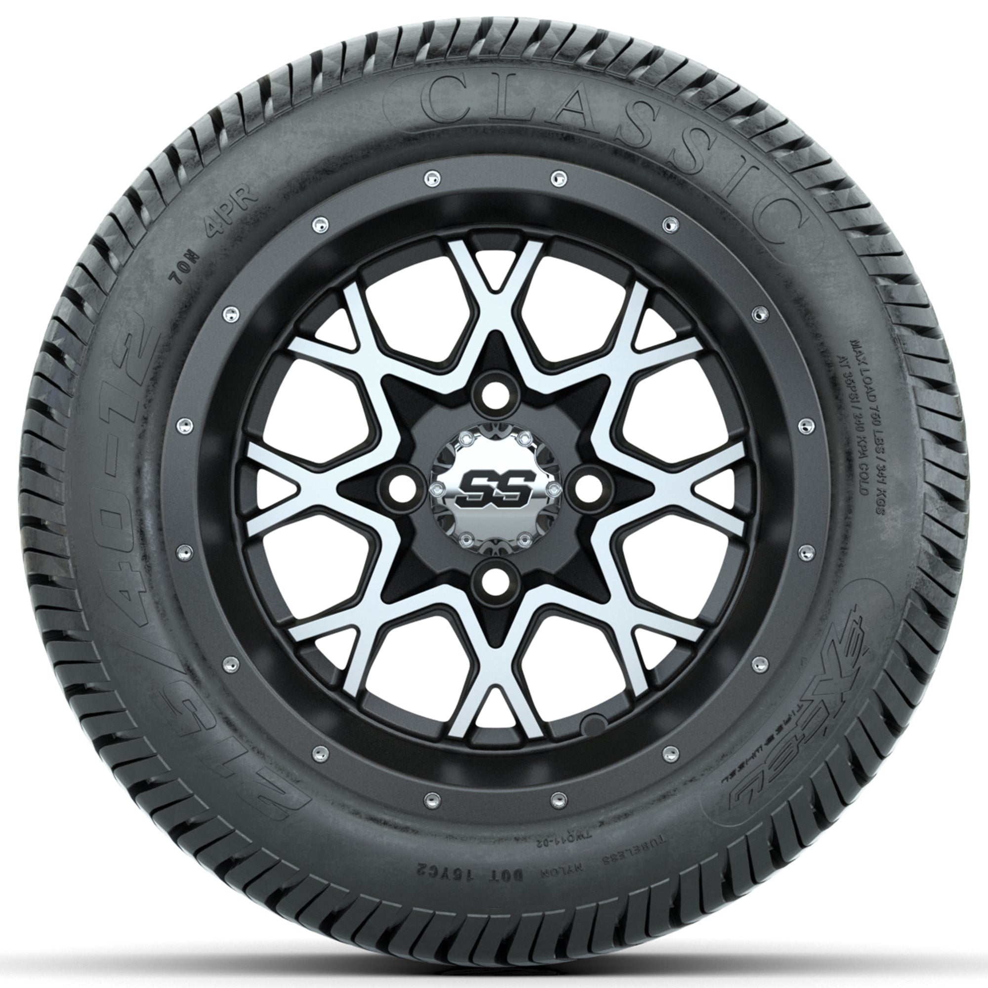 Set of (4) 12 in GTW Vortex Wheels with 215/40-12 Excel Classic Street Tires