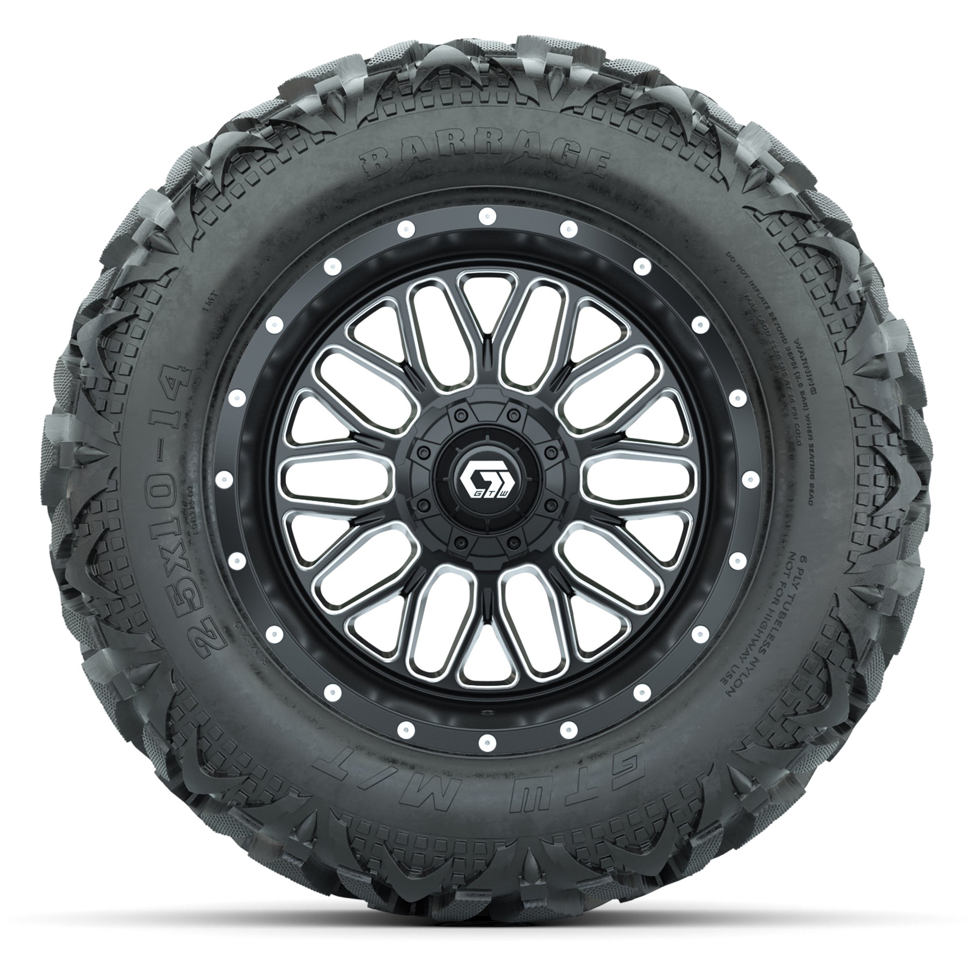 GTW Helix Black/Machined 14 in Wheels with 25x10-14 Barrage Mud Tires – Full Set
