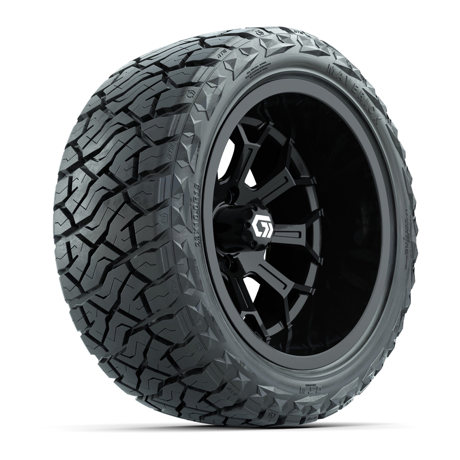 GTW Assault Gloss Black 15 in Wheels with 23X10-R15 Maverick Steel Belted Radial All-Terrain Tires – Full Set