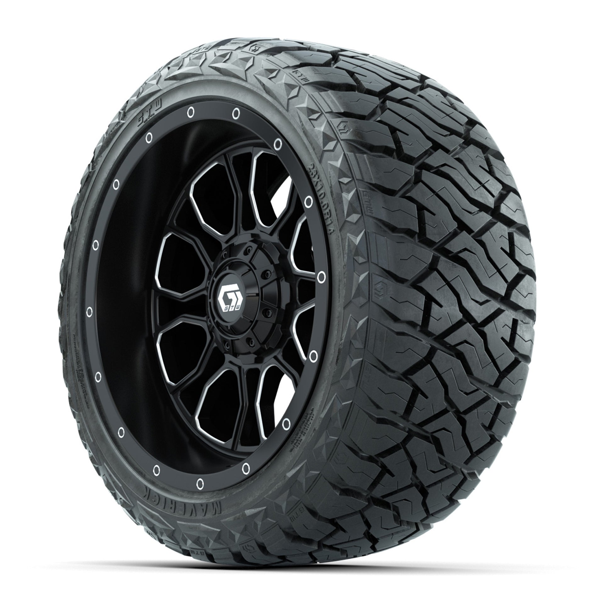 GTW Volt Black/Machined 14 in Wheels with 23x10.00-R14 Maver - 3/4 view