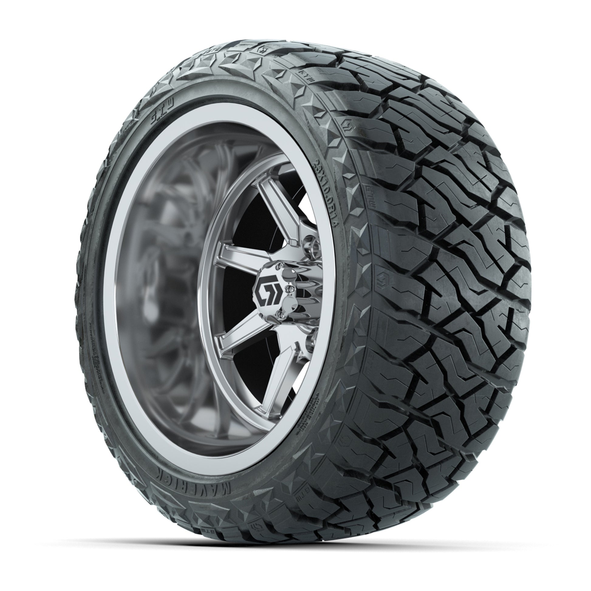 GTW Reaper Chrome 14 in Wheels with 23X10-R14 Maverick Steel Belted Radial All-Terrain Tires – Full Set