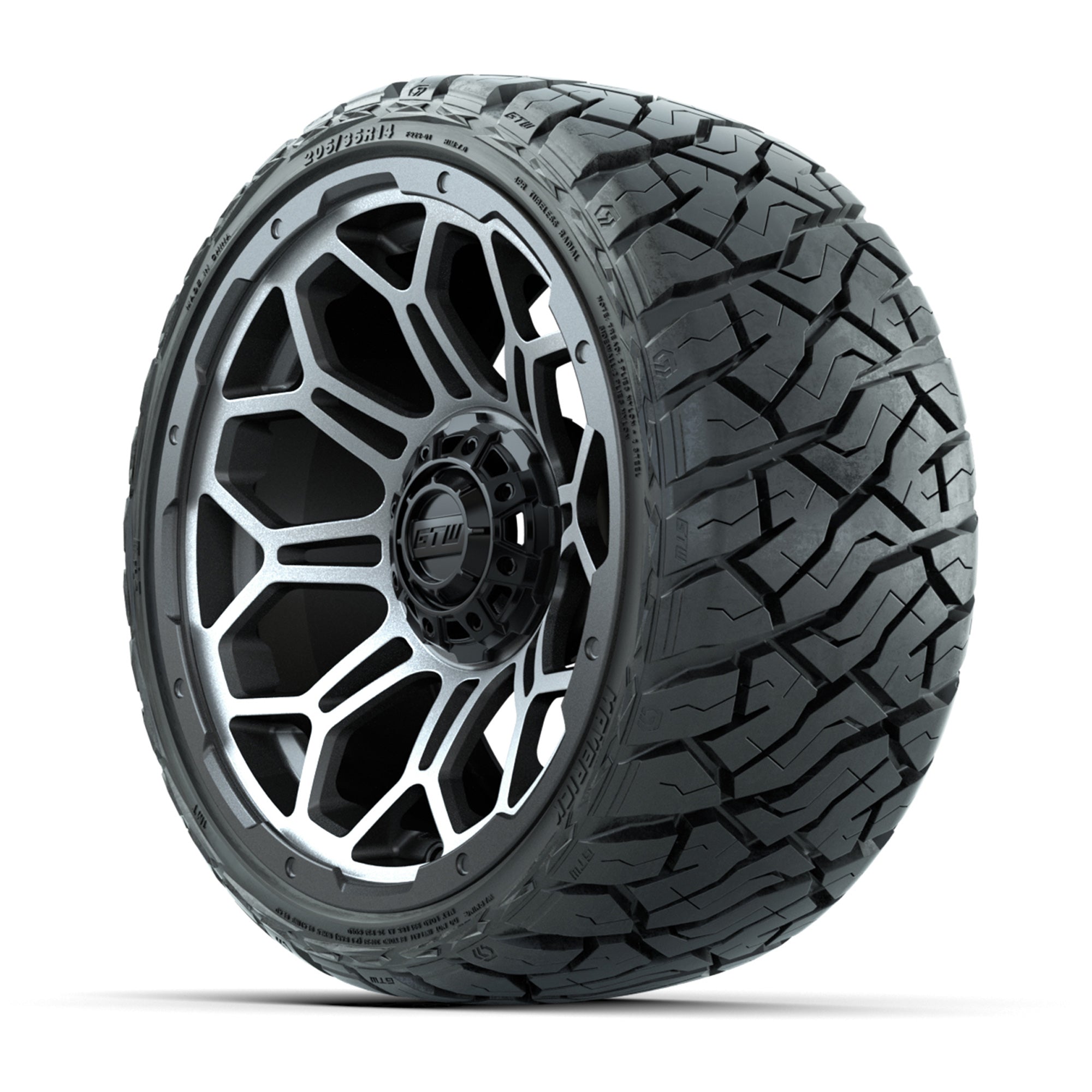 GTW® Bravo Matte Gray/Machined 14 in Wheels with 205/35-R14  - 3/4 view