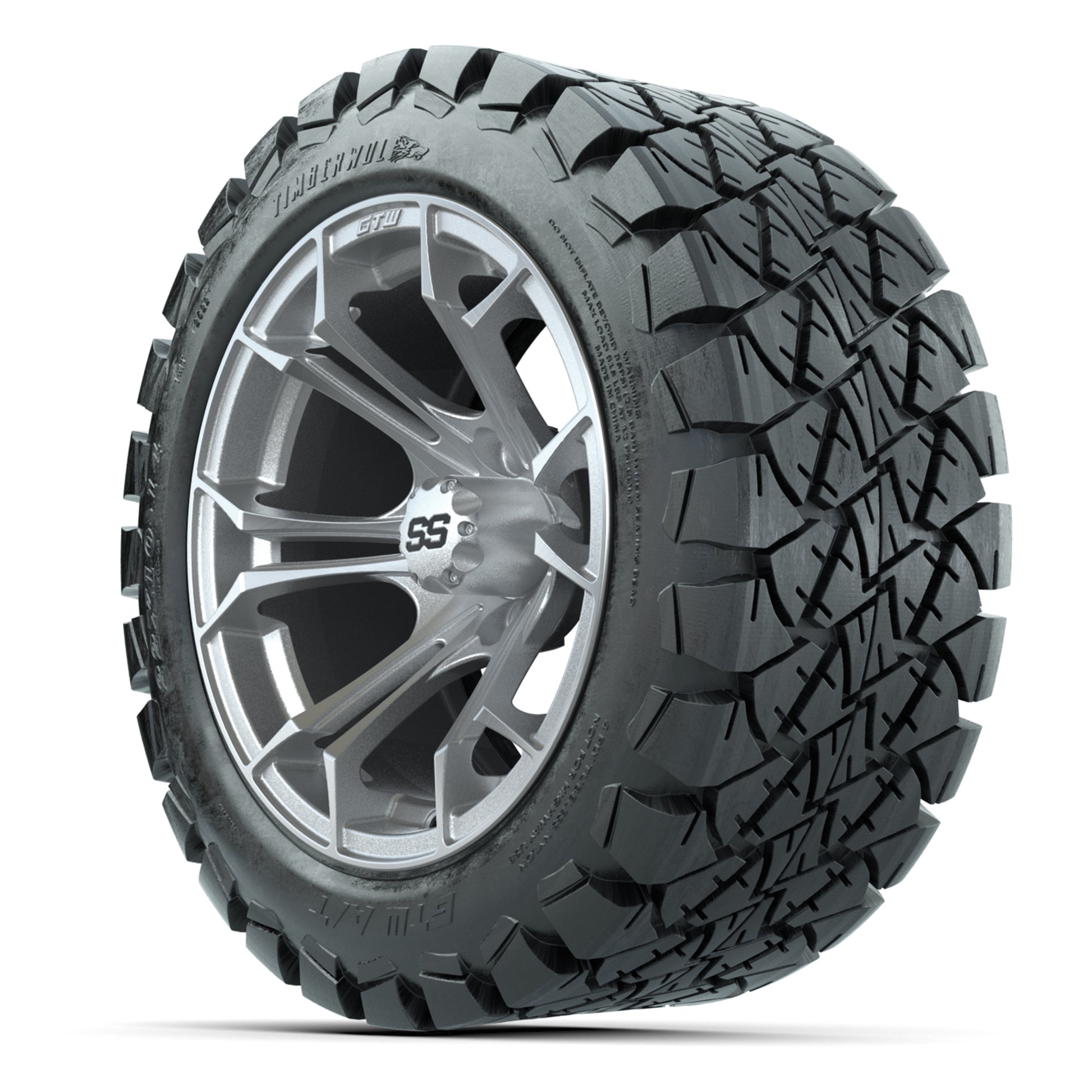 GTW Spyder Silver Brush 14 in Wheels with 22X10-14 Timberwol - 3/4 view