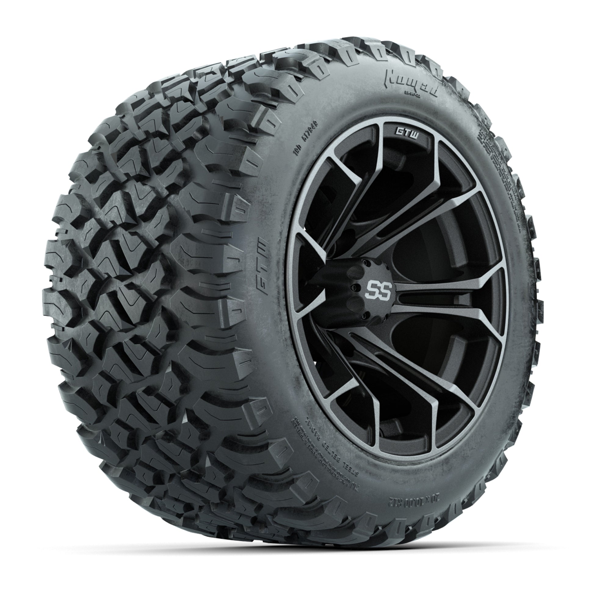 GTW® Spyder Matte Gray/Machined 12 in Wheels with 20X10-12 Nomad Steel Belt Radial All-Terrain Tires – Full Set