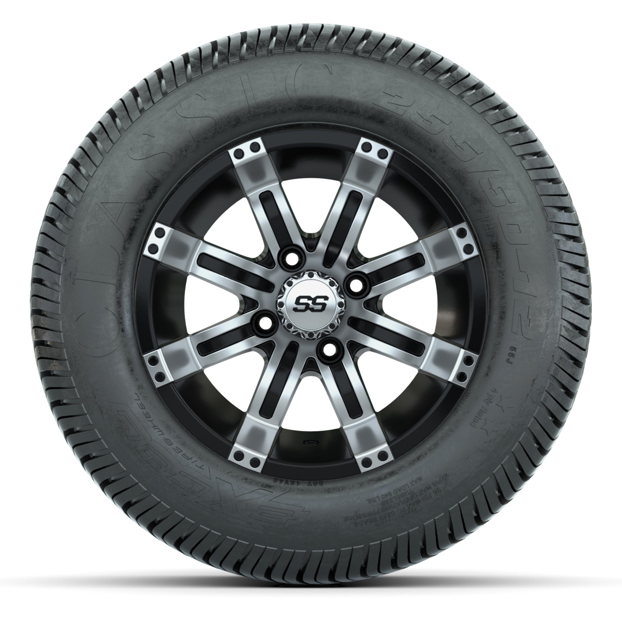 GTW® Tempest Black/Machined 12 in Wheels with 255/50-12 Excel Classic Street Tires – Full Set