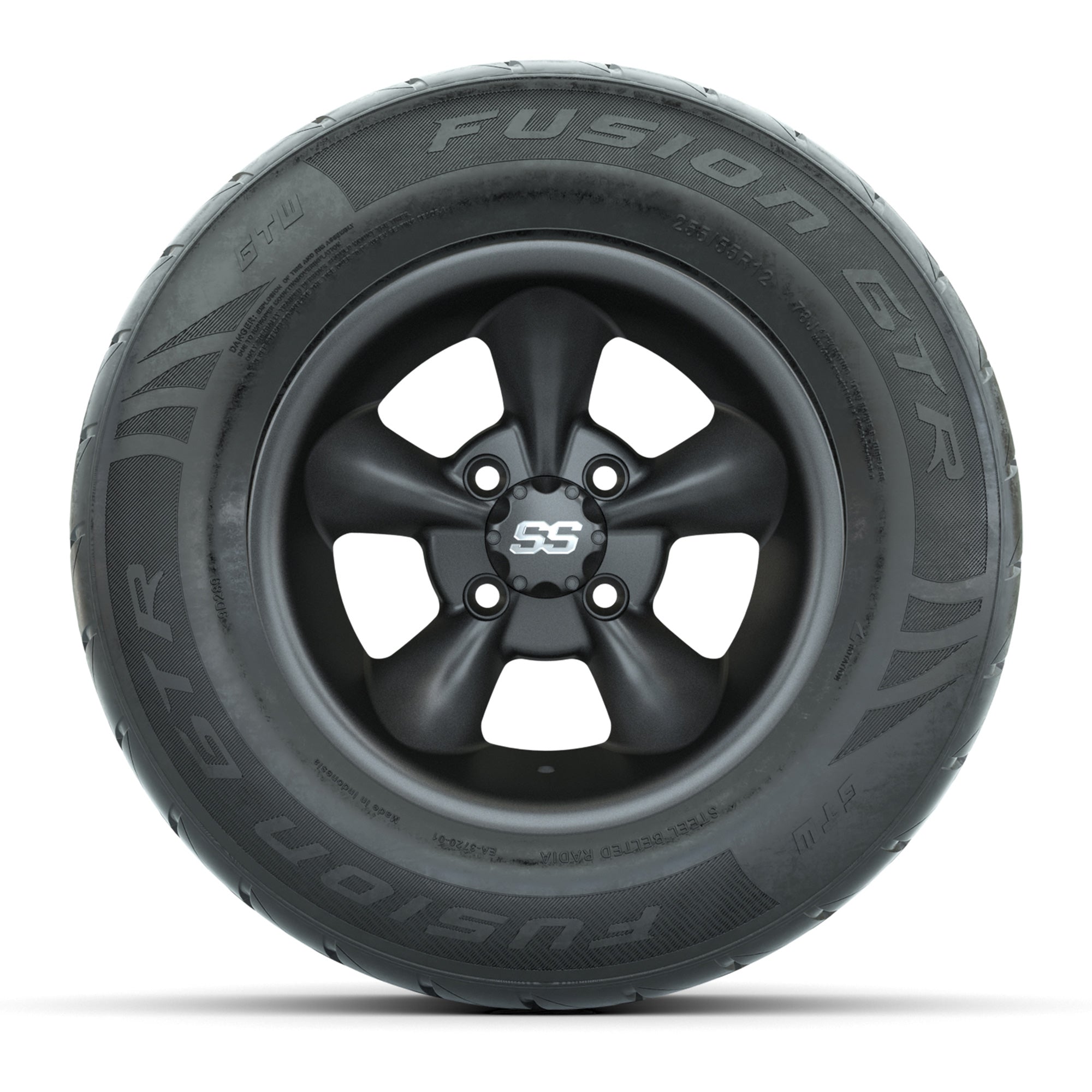 GTW® Godfather Matte Gray 12 in Wheels with 255/55-R12 Fusion GTR Steel Belt Radial Street Tires – Full Set