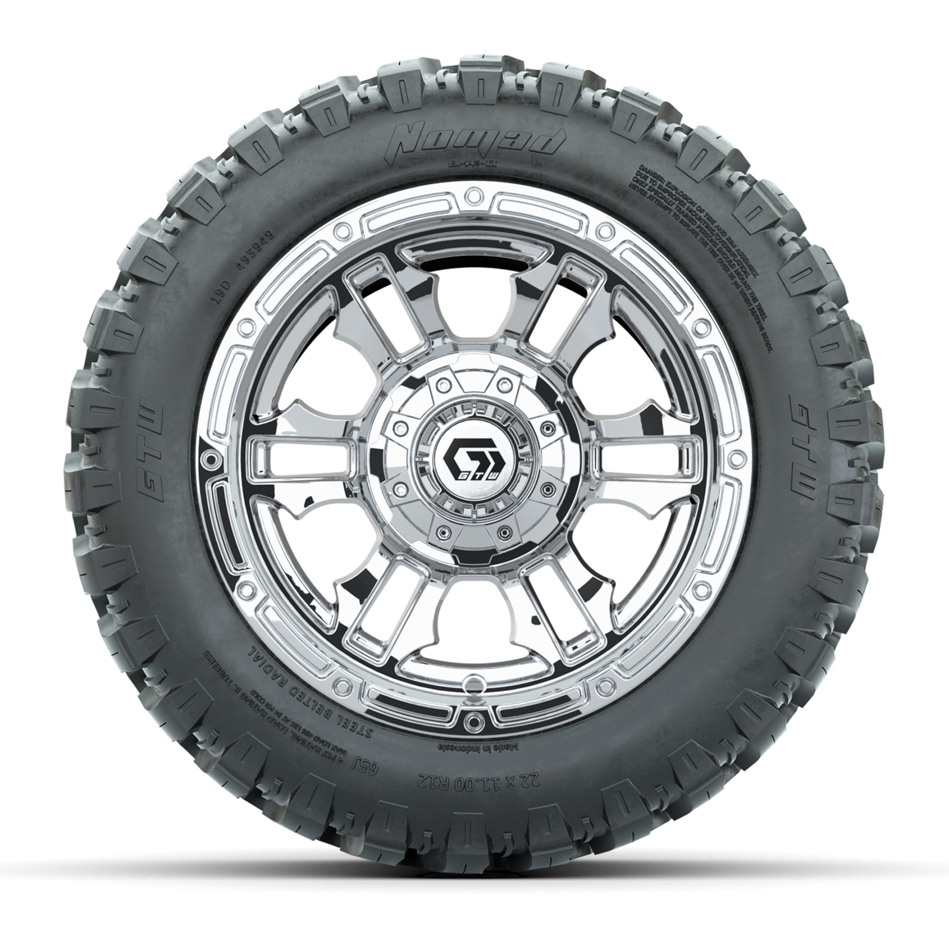 GTW® Shogun Chrome 12 in Wheels with 22X11-R12 Nomad Steel Belt Radial All-Terrain Tires – Full Set