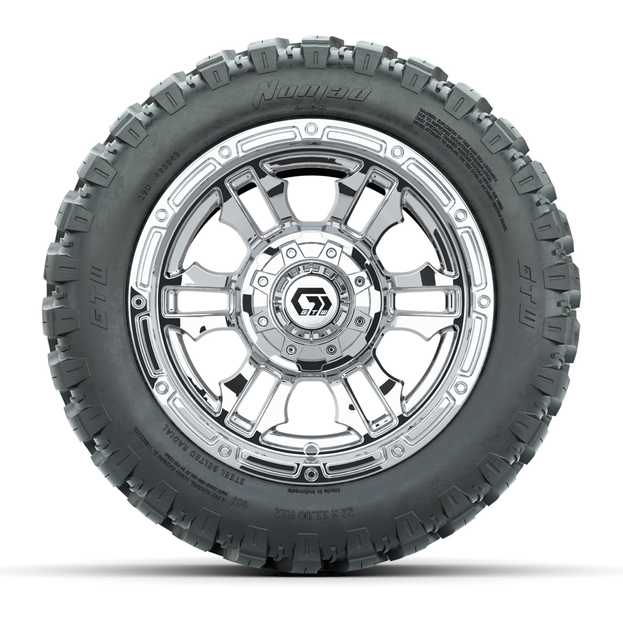 GTW® Shogun Chrome 12 in Wheels with 22X11-R12 Nomad Steel Belt Radial All-Terrain Tires – Full Set