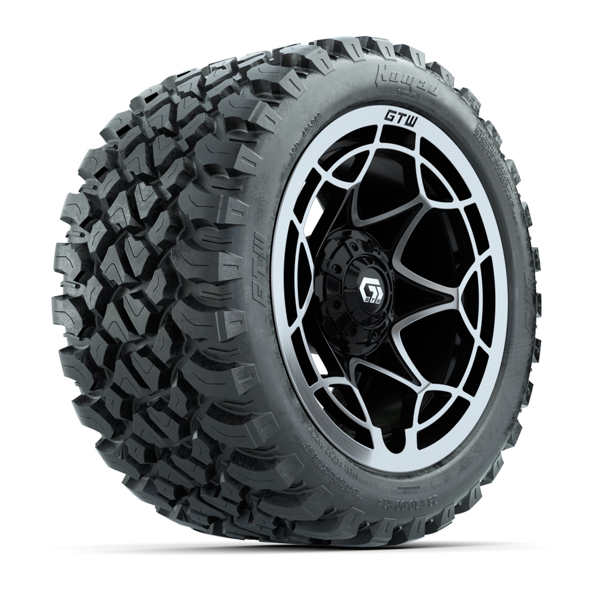 GTW® Nexus Black with Silver Face 14 in Wheels with 23X10-R14 Nomad Steel Belt Radial All-Terrain Tires – Full Set