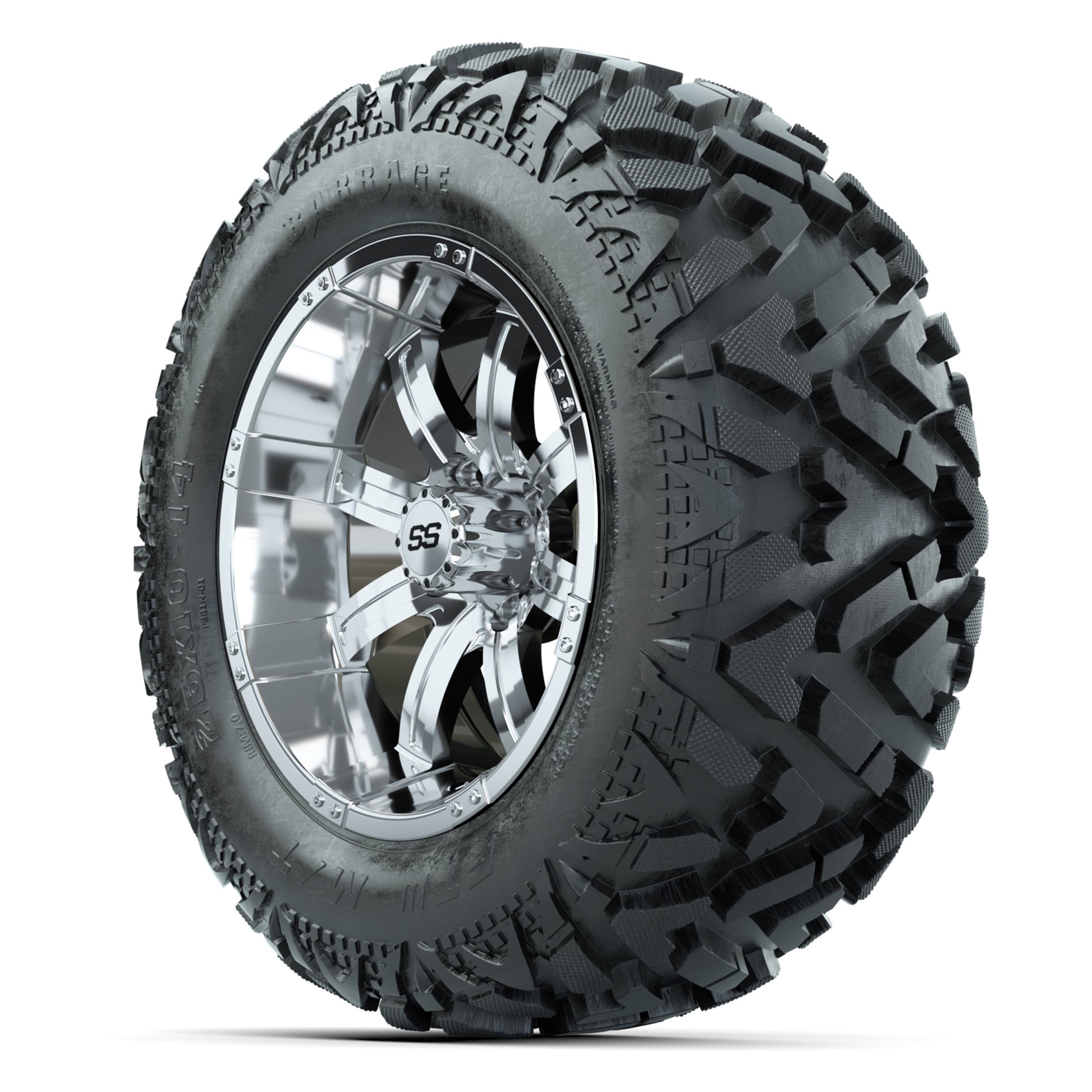 GTW Tempest Chrome 14 in Wheels with 25x10-14 Barrage Mud Ti - 3/4 view