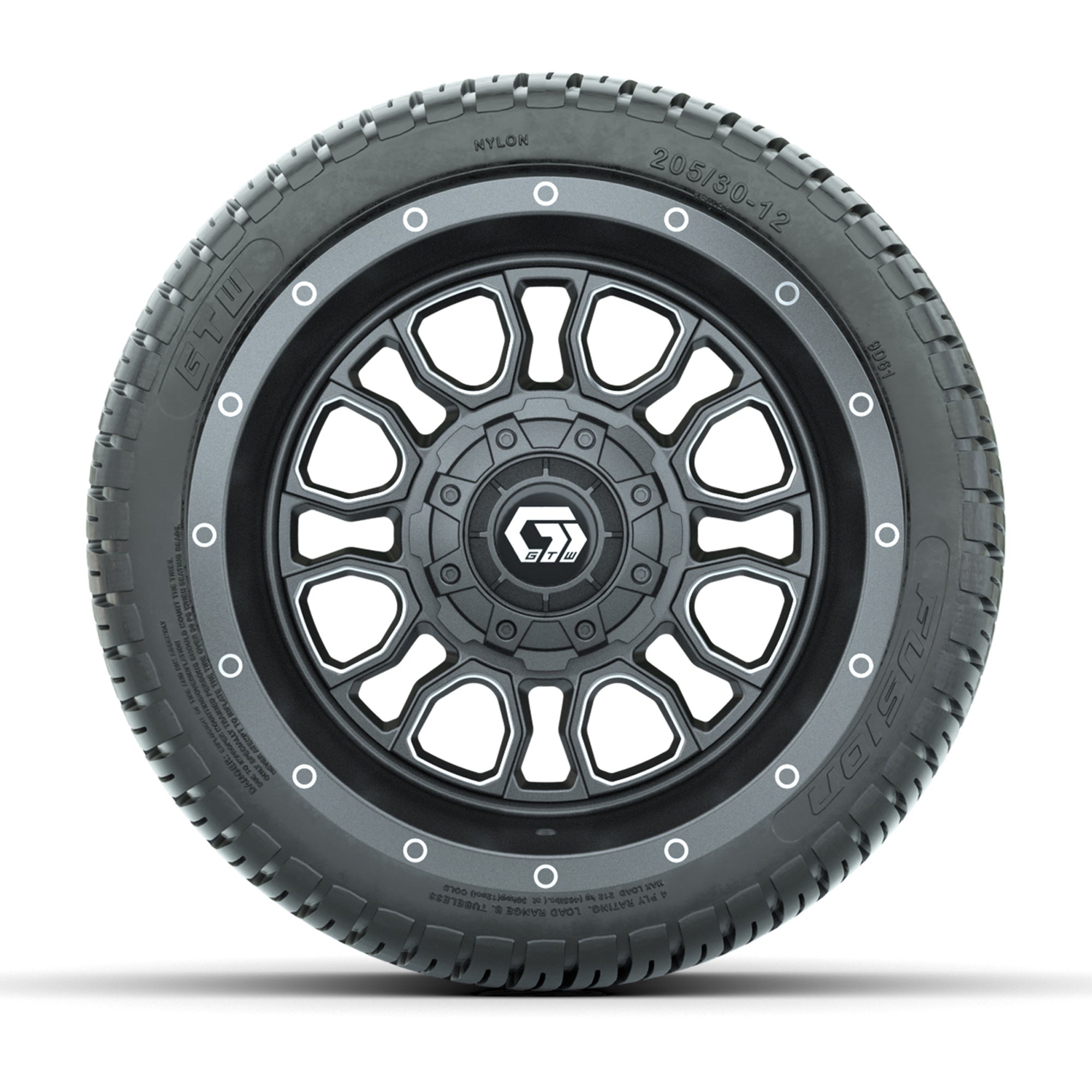 GTW® Volt Gunmetal 12 in Wheels with 205/30-12 Fusion Street Tires – Full Set