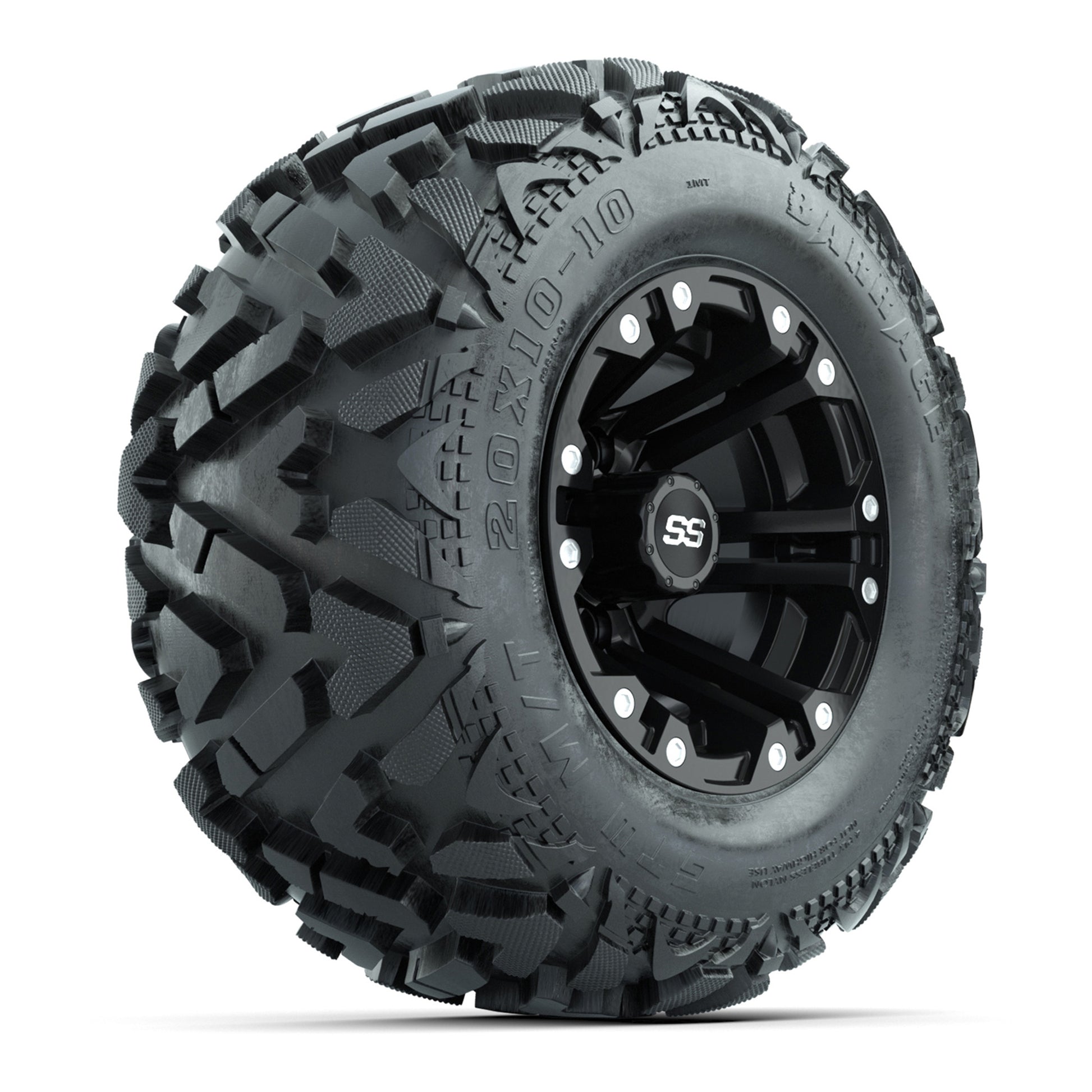 Set of (4) GTW® 10 inch Specter Matte Black Wheels on Barrage Mud Tires