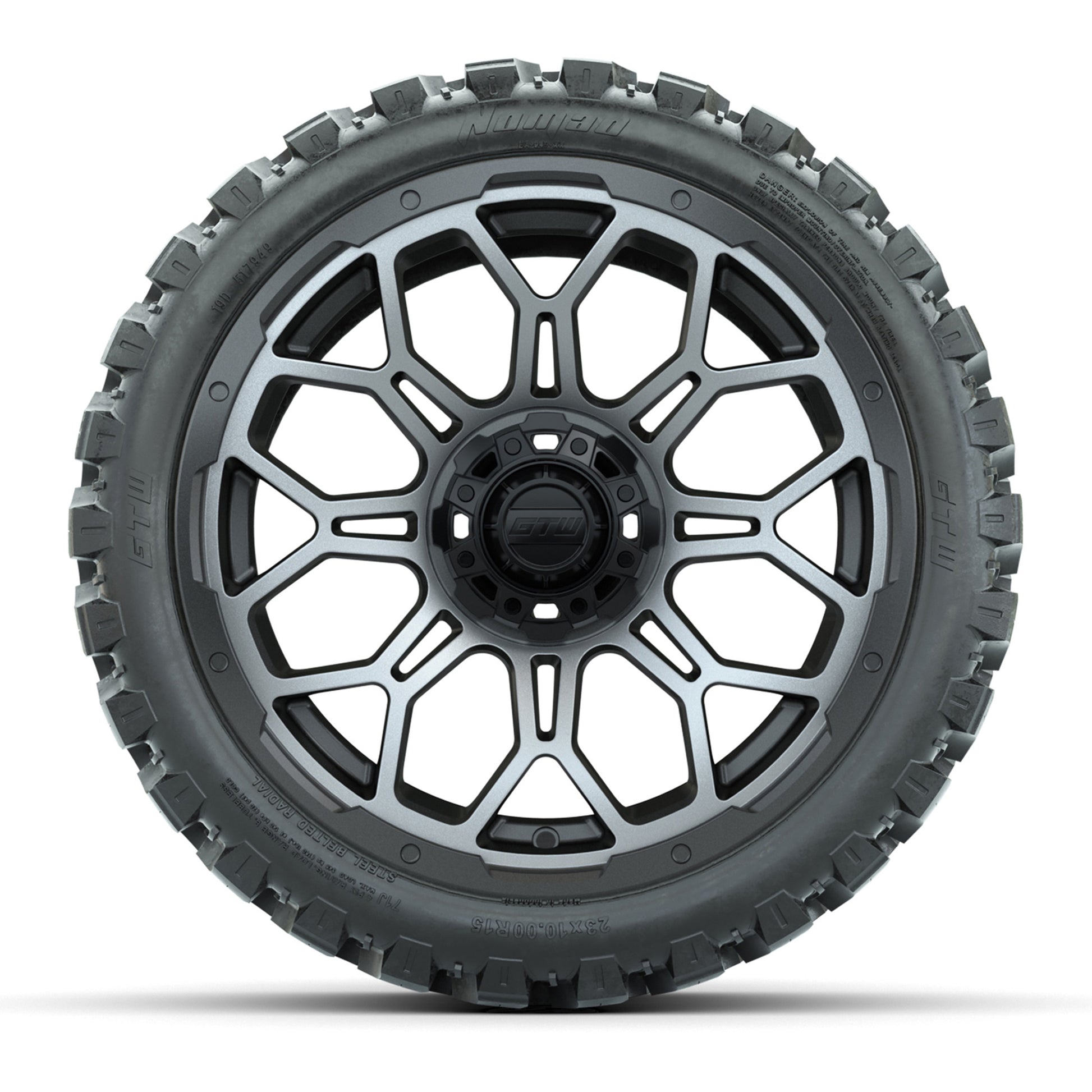 Set of (4) 15″ GTW Bravo Matte Gray Wheels with 23x10-R15 Nomad All-Terrain Tires