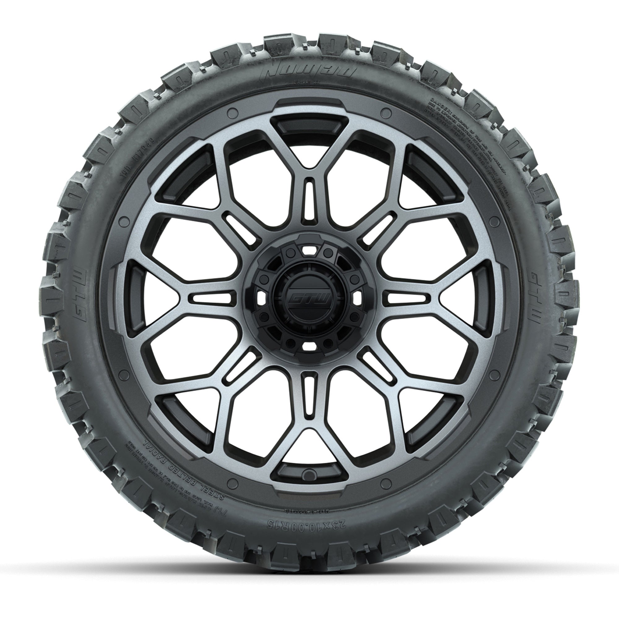Set of (4) 15″ GTW Bravo Matte Gray Wheels with 23x10-R15 Nomad All-Terrain Tires