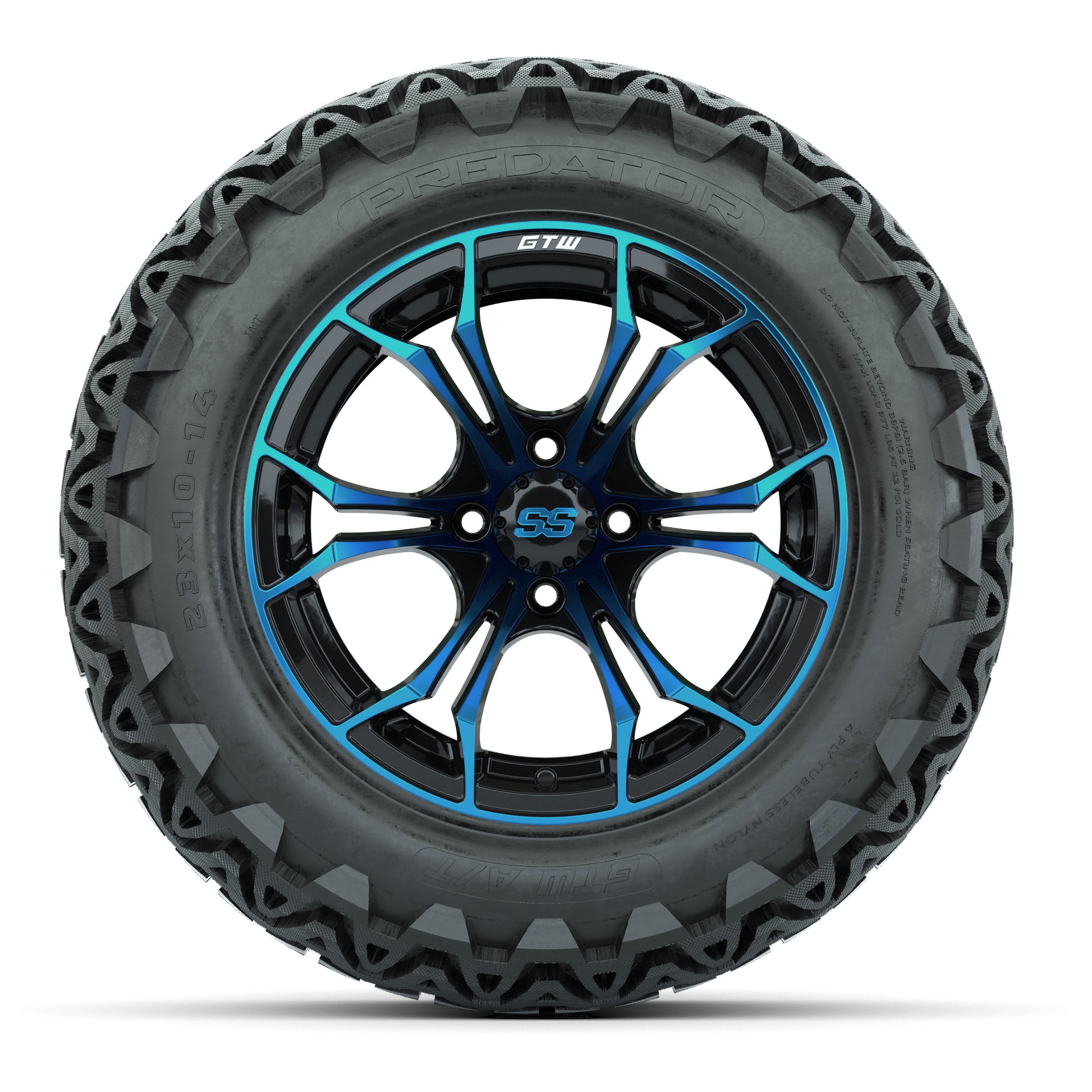 GTW Spyder Blue/Black 14 in Wheels with 23x10-14 GTW Predato - front view