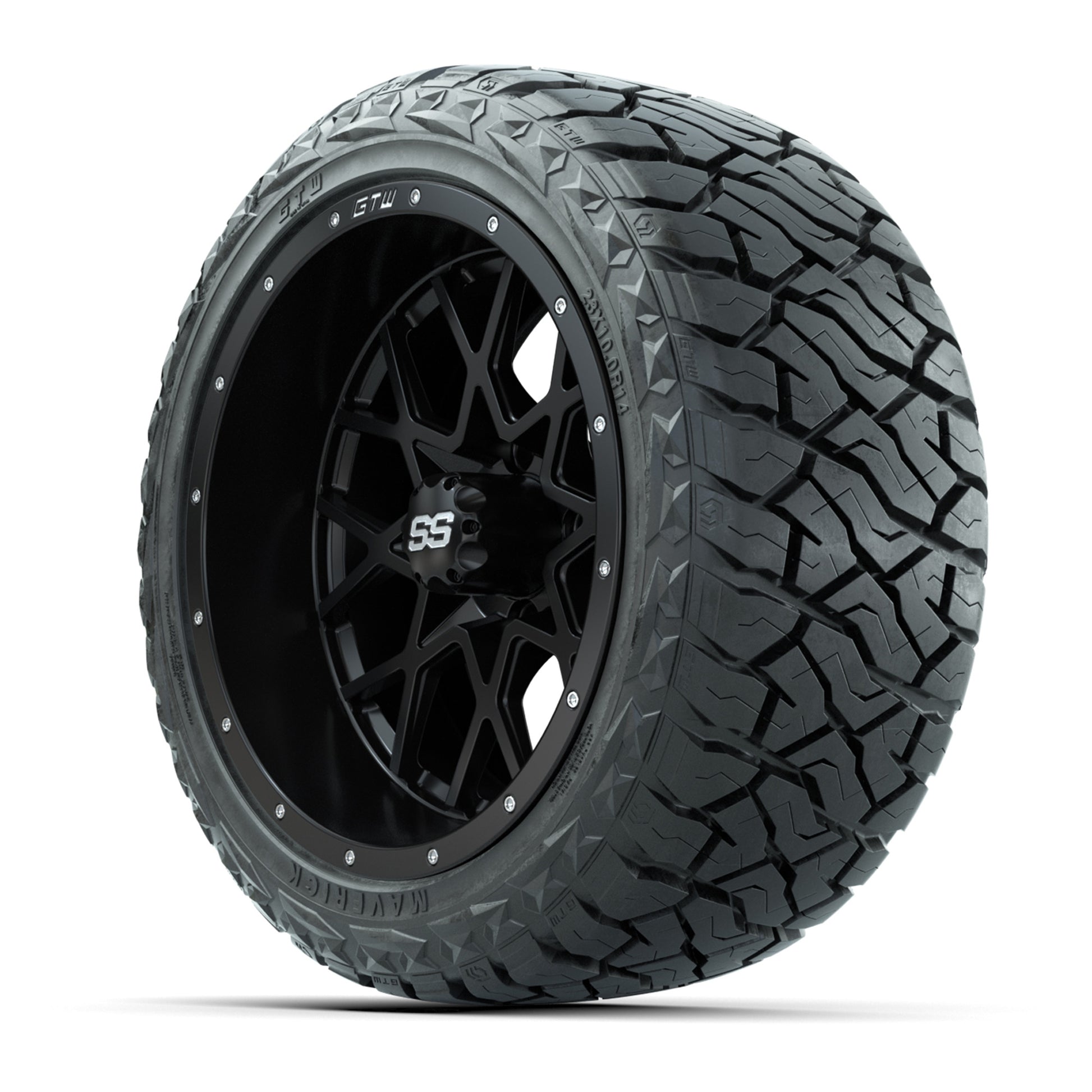 GTW Vortex Matte Black 14 in Wheels with 23x10.00-R14 Maveri - 3/4 view