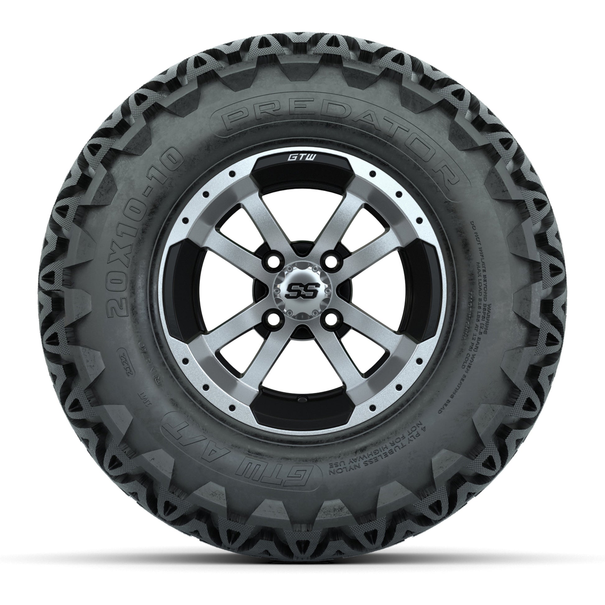 Set of 4 GTW 10in Storm Trooper Black and Machined Wheels with 20in Predator A-T Tires