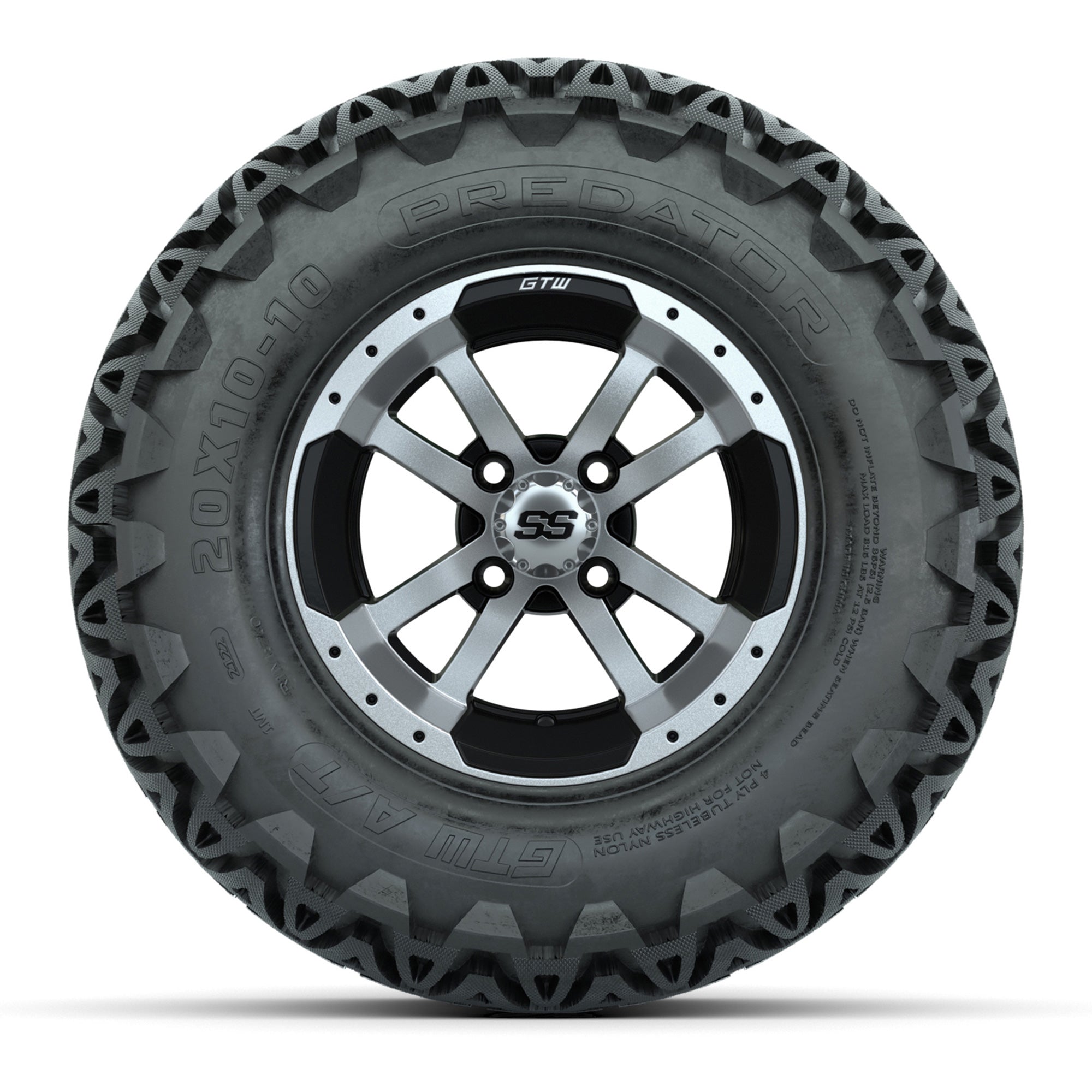 Set of 4 GTW 10in Storm Trooper Black and Machined Wheels with 20in Predator A-T Tires