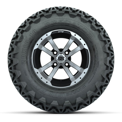 Set of 4 GTW 10in Storm Trooper Black and Machined Wheels with 20in Predator A-T Tires