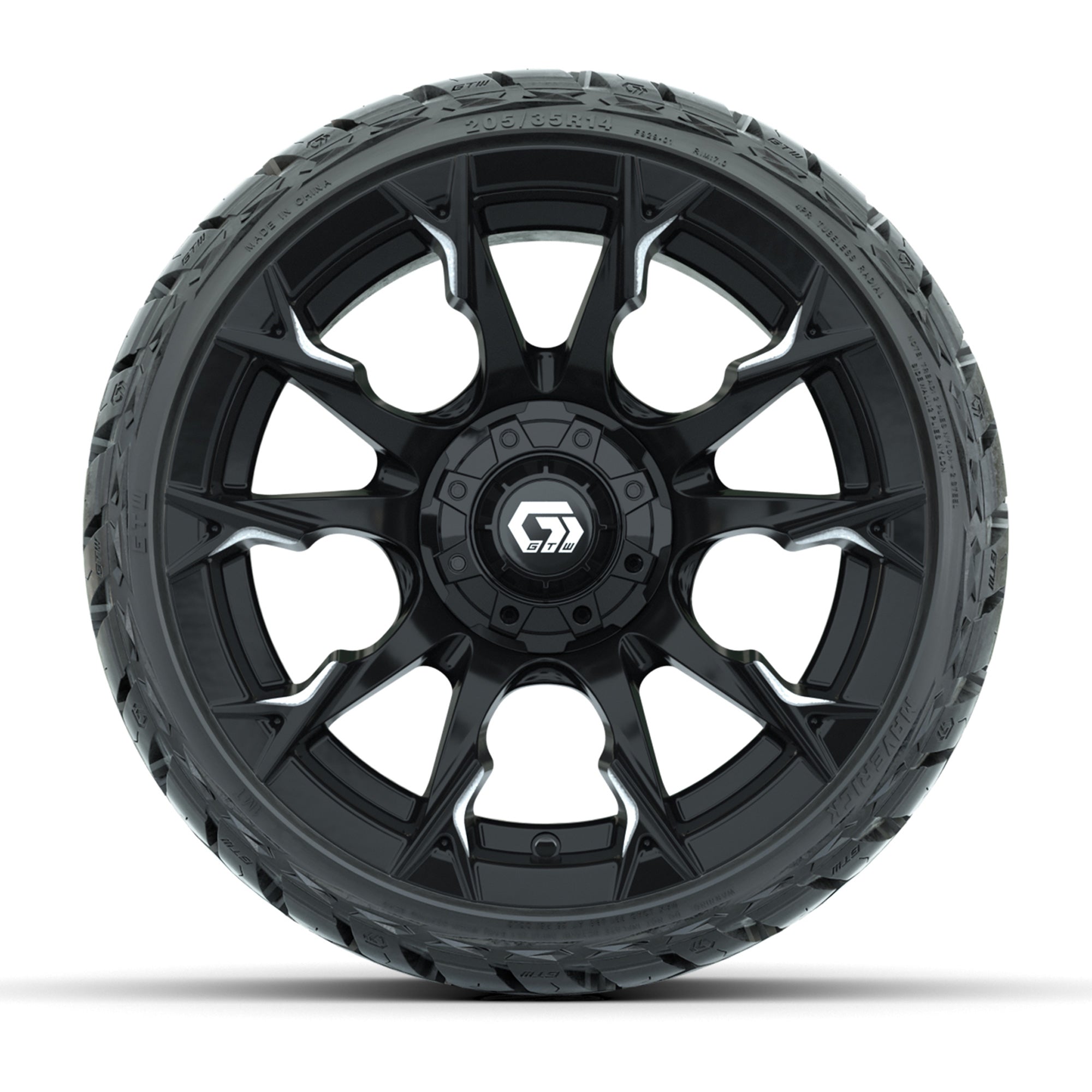 GTW Diablo Gloss Black/Machined 14 in Wheels with 205/35-R14 - 3/4 view