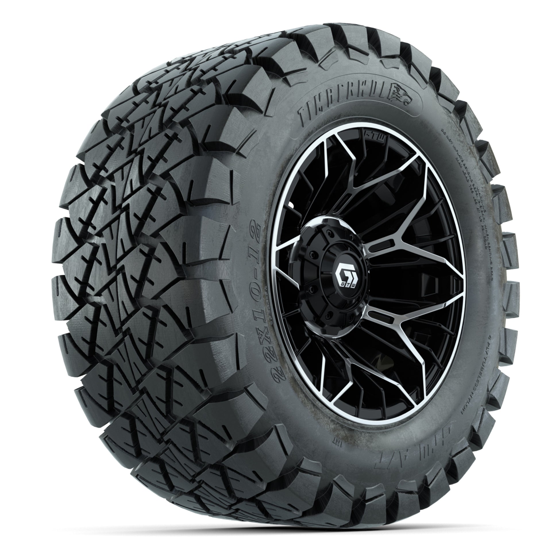 GTW® Stellar Black/Machined 12 in Wheels with 22X10-12 Timberwolf All-Terrain Tires – Full Set