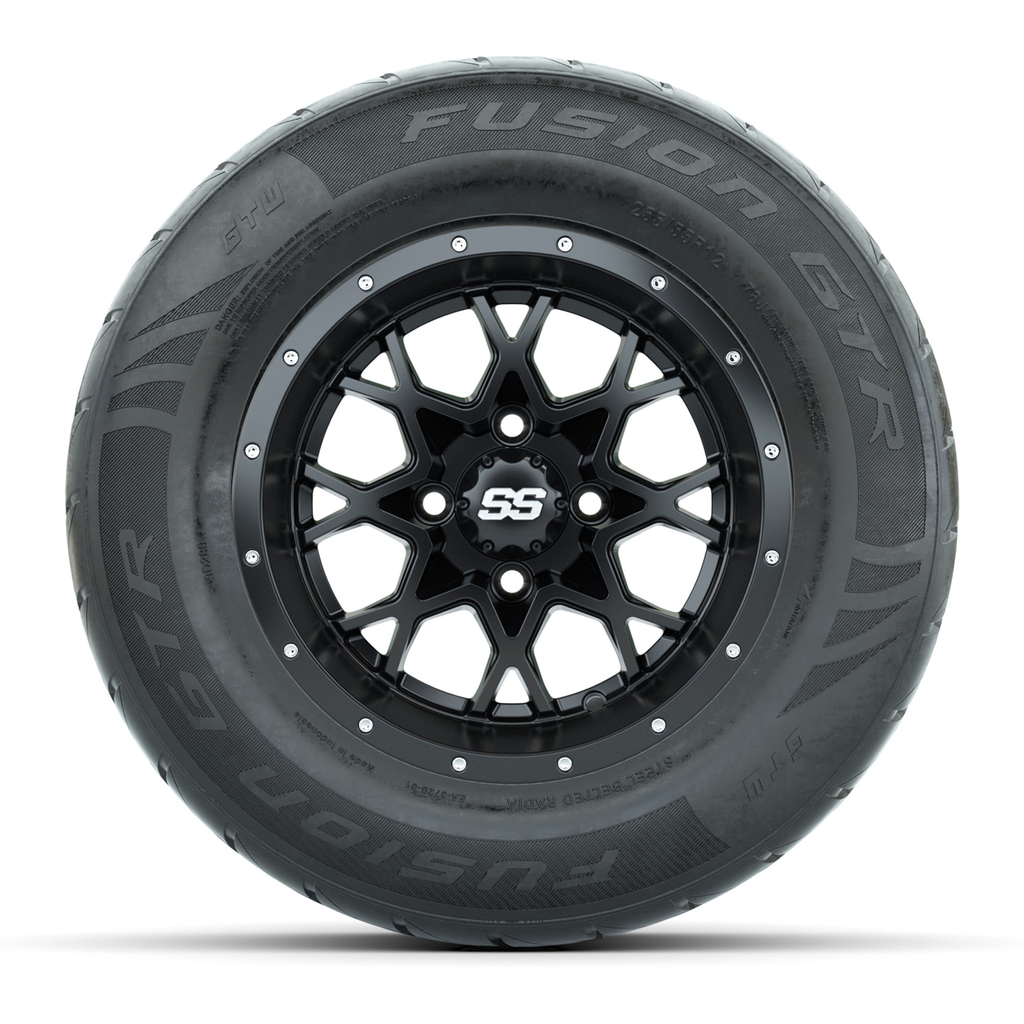 GTW® Vortex 2 Matte Black 12 in Wheels with 255/55-R12 Fusion GTR Steel Belt Radial Street Tires – Full Set