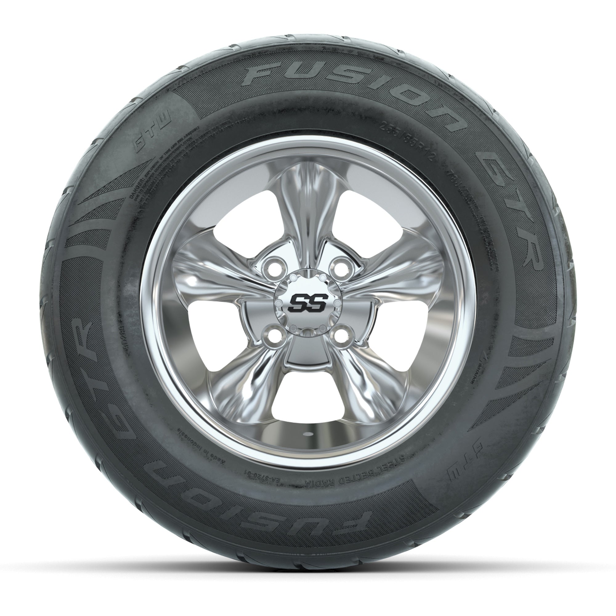 GTW® Godfather Chrome 12 in Wheels with 255/55-R12 Fusion GTR Steel Belt Radial Street Tires – Full Set