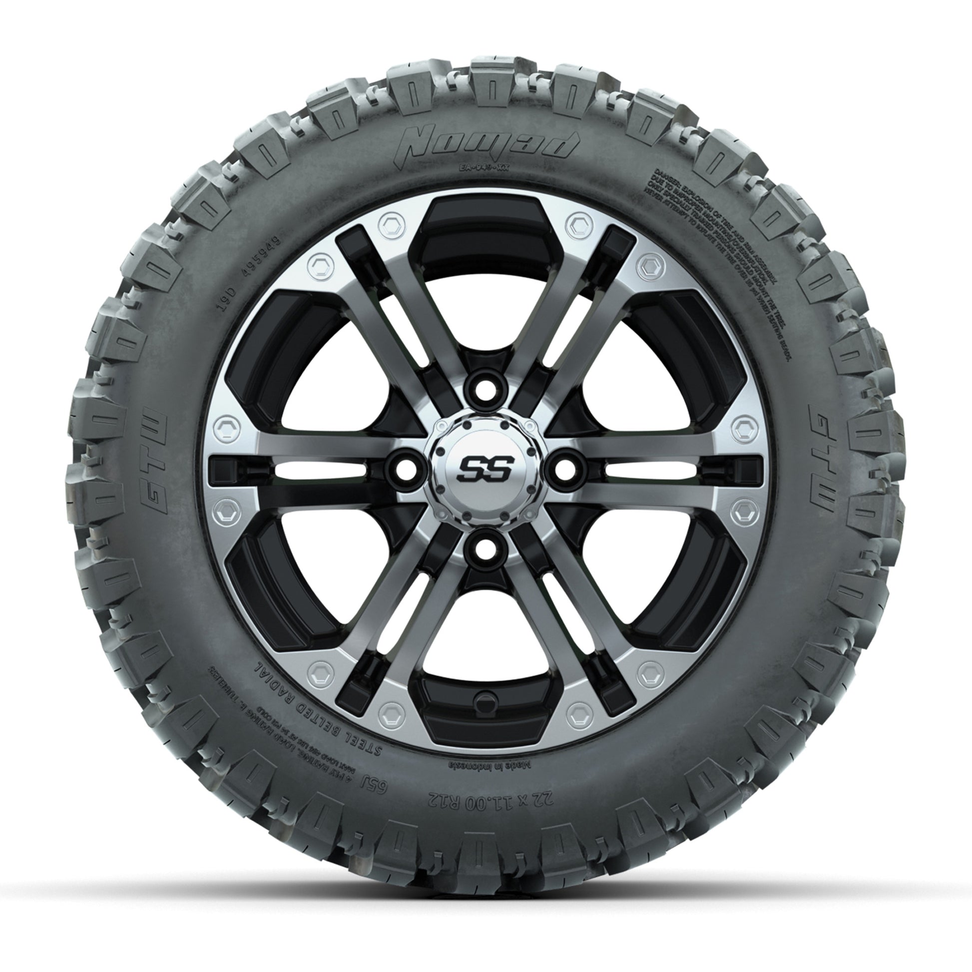 GTW® Specter Black/Machined 12 in Wheels with 22X11-R12 Nomad Steel Belt Radial All-Terrain Tires – Full Set