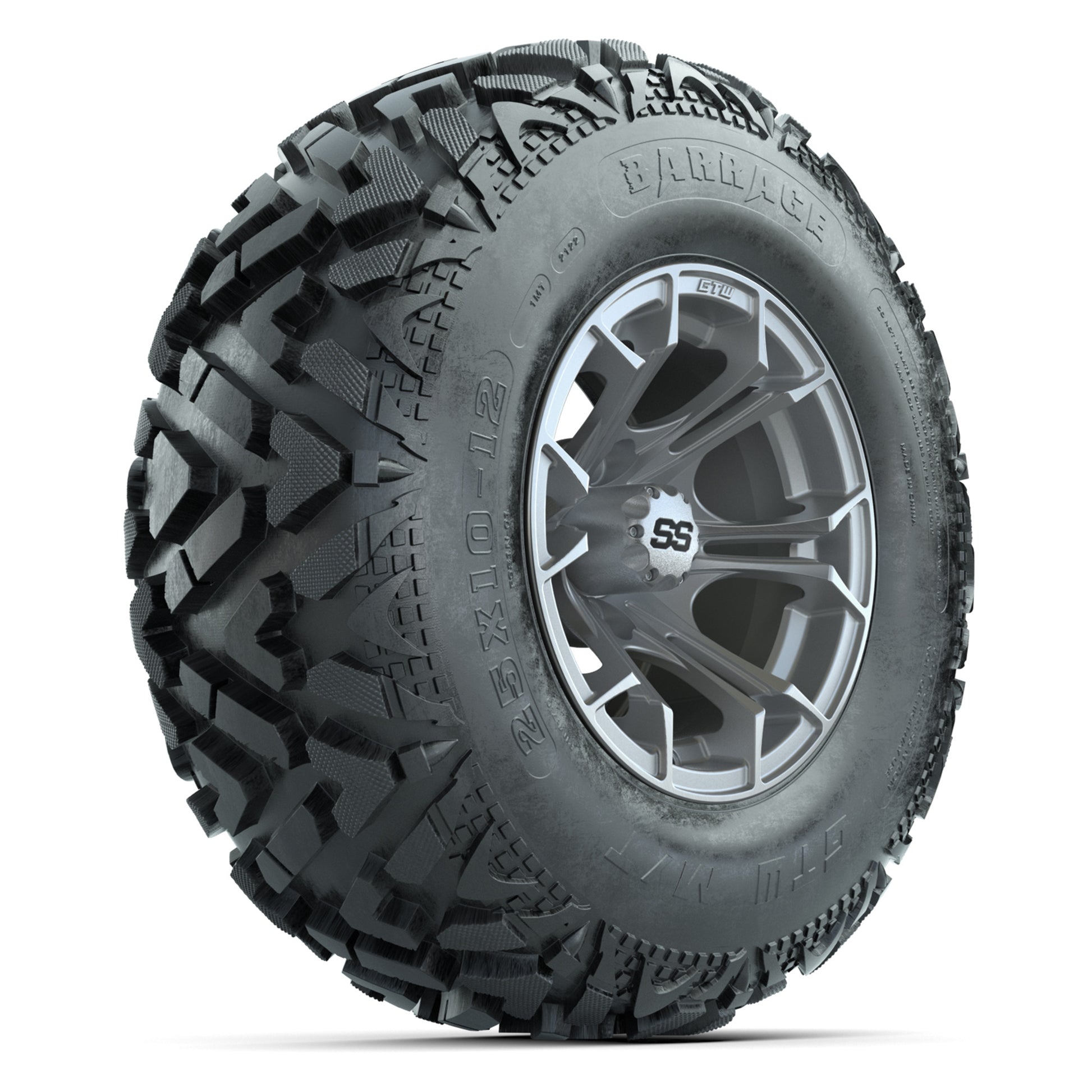 GTW® Spyder Silver Brush 12 in Wheels with 25X10-12 Barrage Mud Tires – Full Set