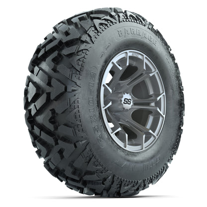 GTW® Spyder Silver Brush 12 in Wheels with 25X10-12 Barrage Mud Tires – Full Set