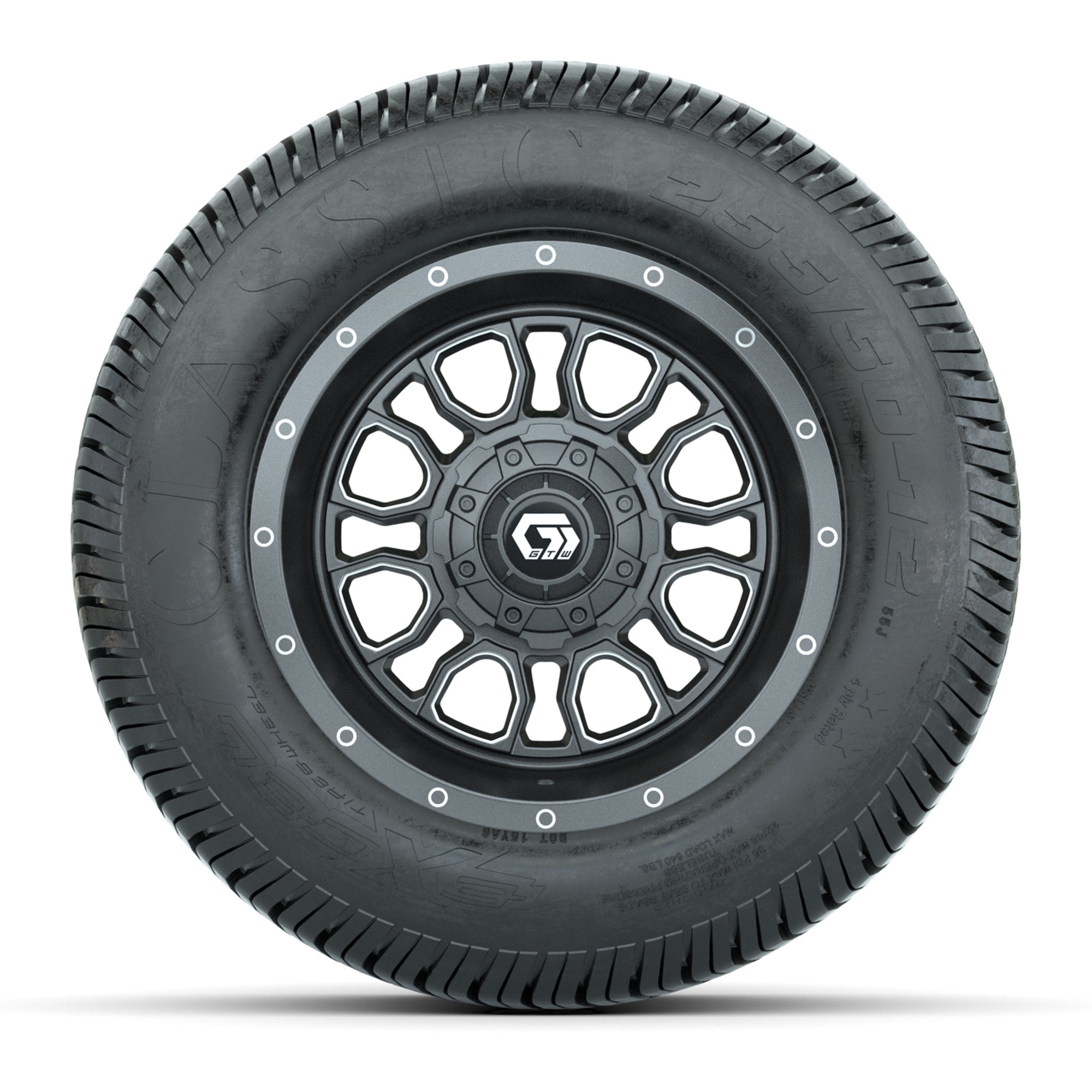 GTW® Volt Gunmetal 12 in Wheels with 255/50-12 Excel Classic Street Tires – Full Set