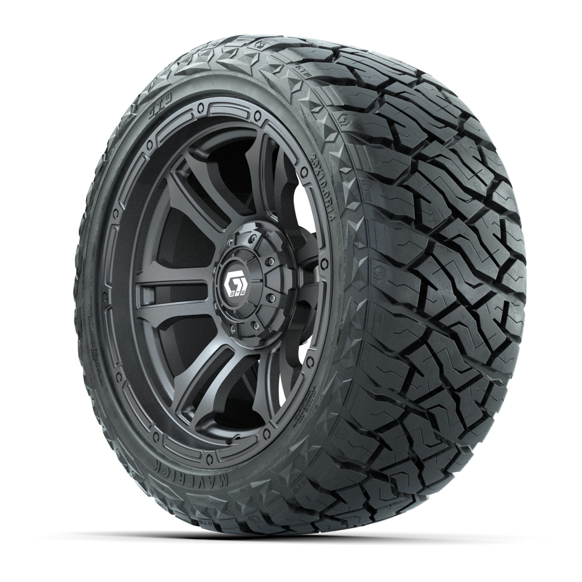 GTW Shogun Gloss Gunmetal 14 in Wheels with 23x10.00-R14 Mav - 3/4 view