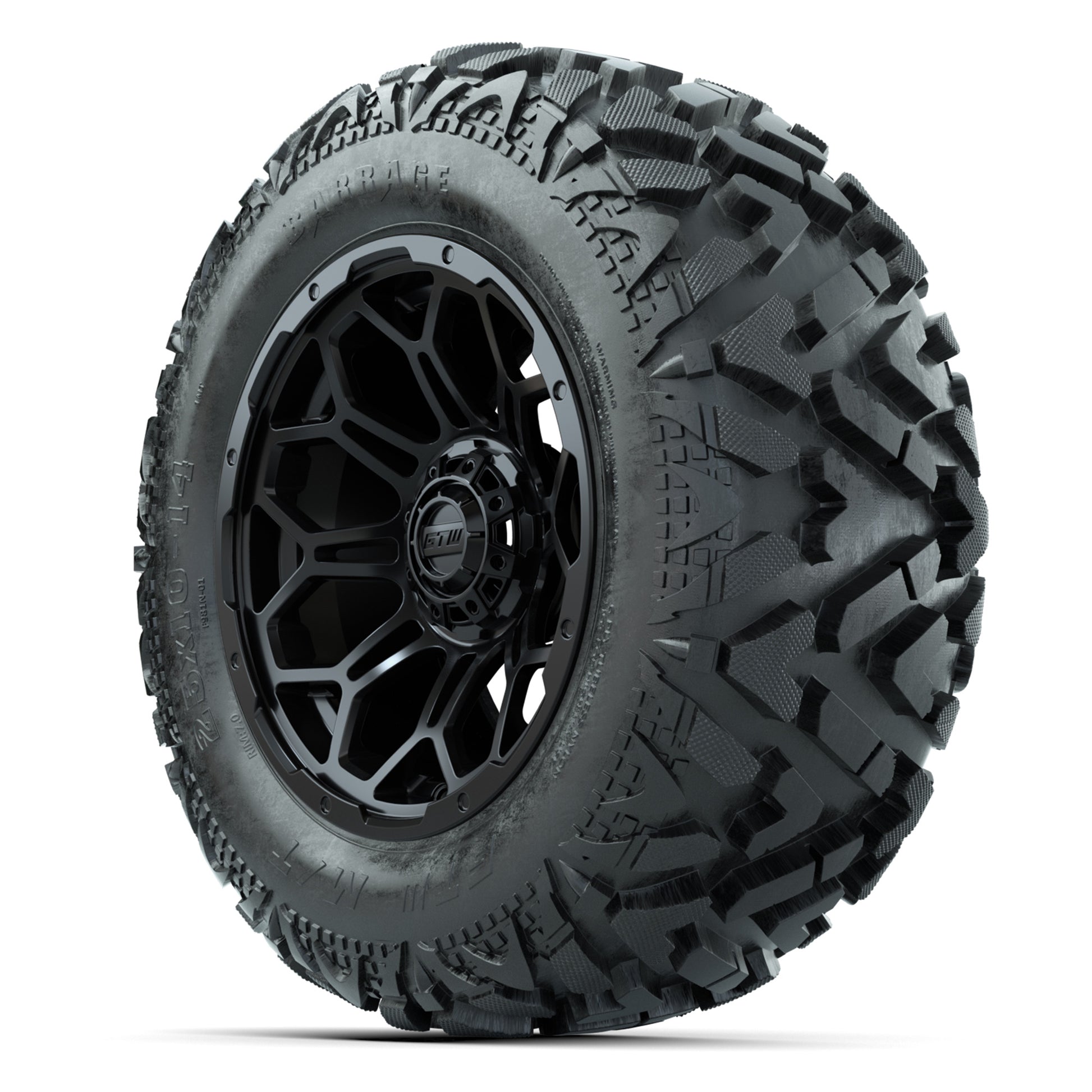 GTW Bravo Matte Black 14 in Wheels with 25x10-14 Barrage Mud - 3/4 view